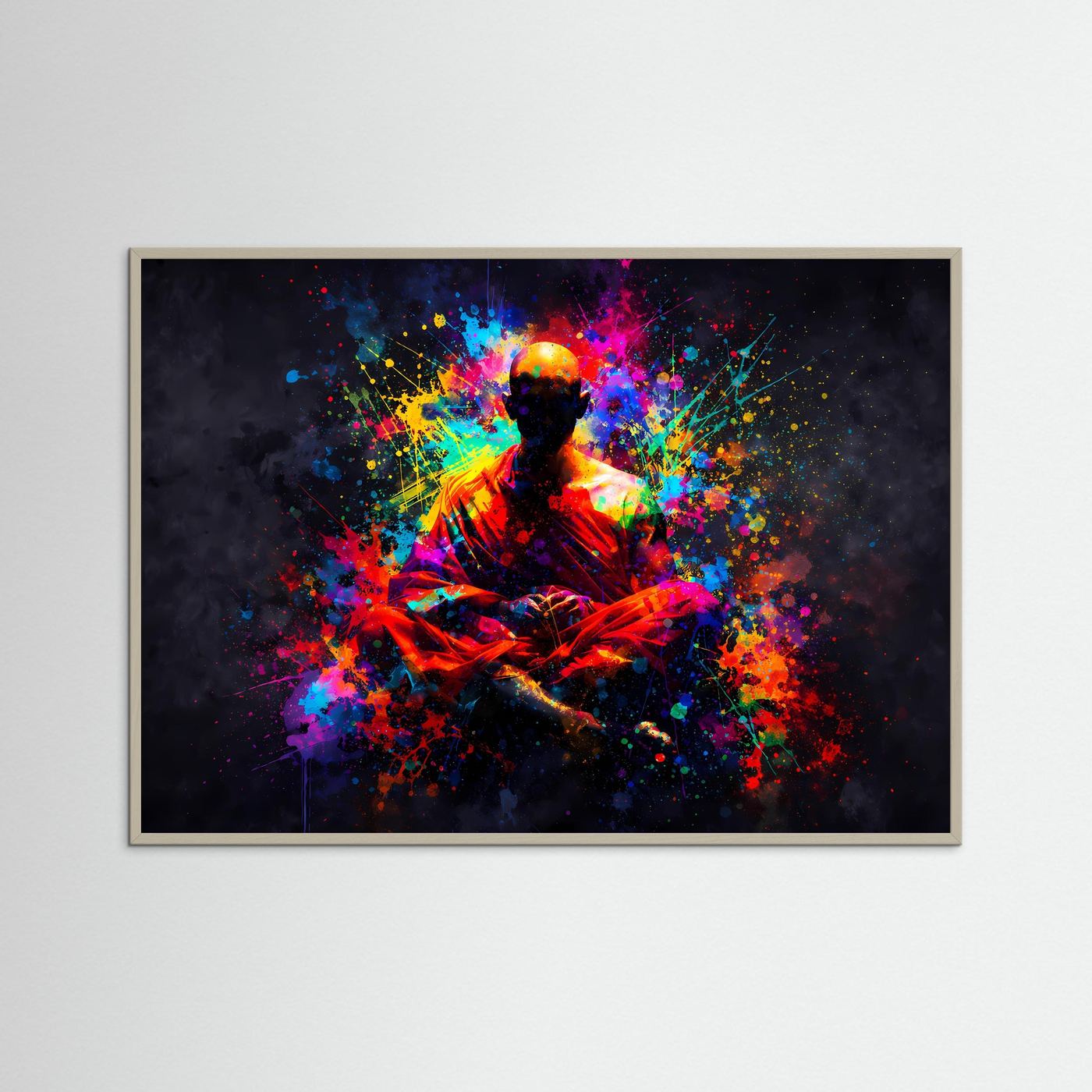 Kunstposter mit Buddha-Silhouette im Farb-Sprühfeuerwerk, grauer Rahmen