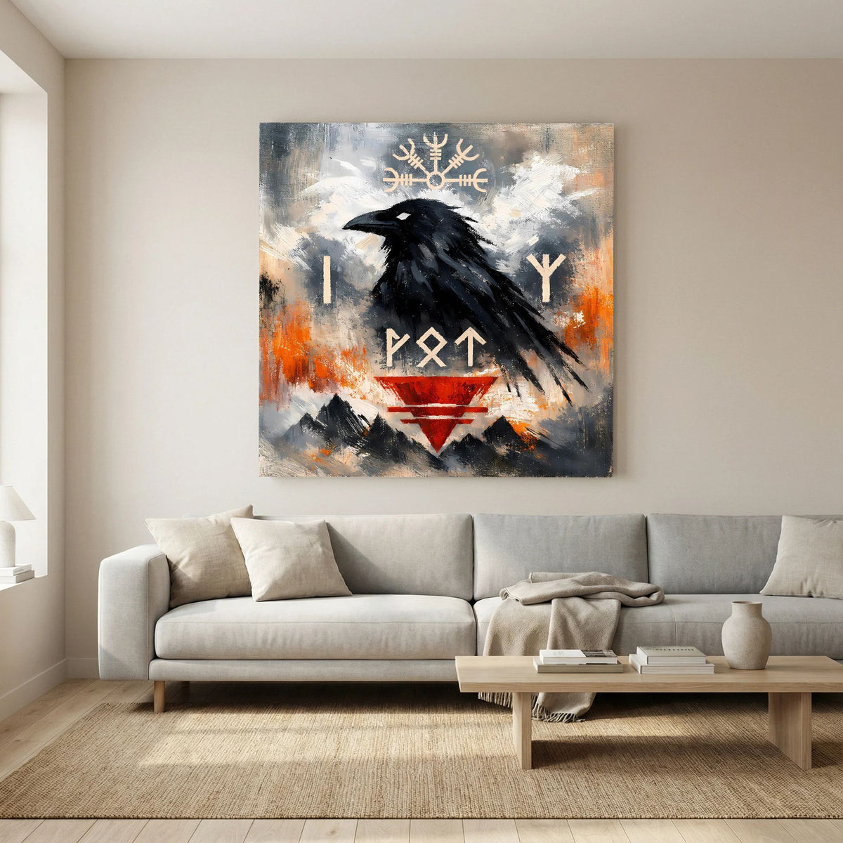 Leinwandbild mit Odin-Rabe, Runen und Vegvísir in Schwarz, Grau und Orange