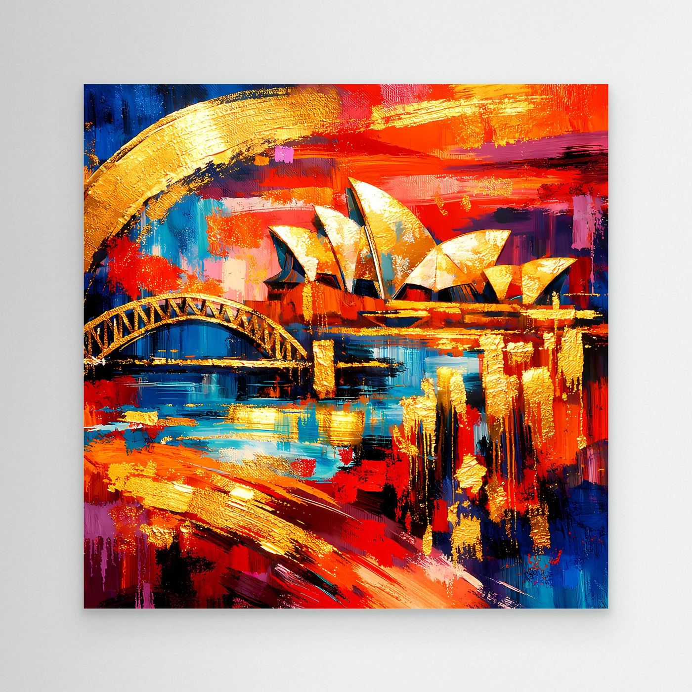 Leinwandbild mit abstrakter Skyline, Opernhaus-Segeln, Harbour-Bridge-Bogen in Blau, Rot, Gold