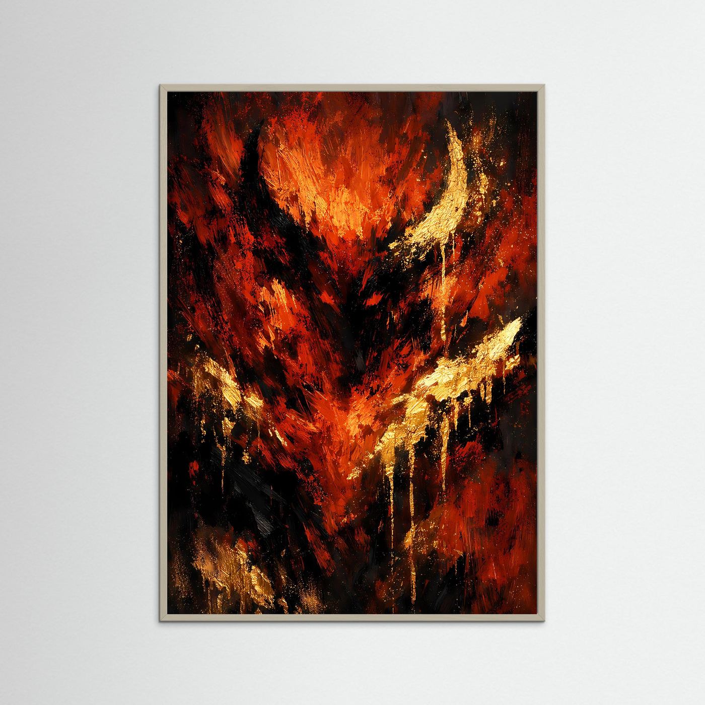 Hochformatiges Poster mit Flammenmotiv in Rot, Gold und Schwarz, beiger Holzrahmen