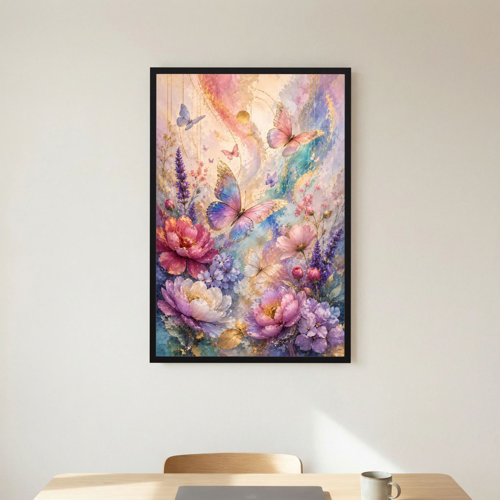Hochformat-Poster mit Schmetterlingen und Blüten im Pastell, schwarzer Bilderrahmen