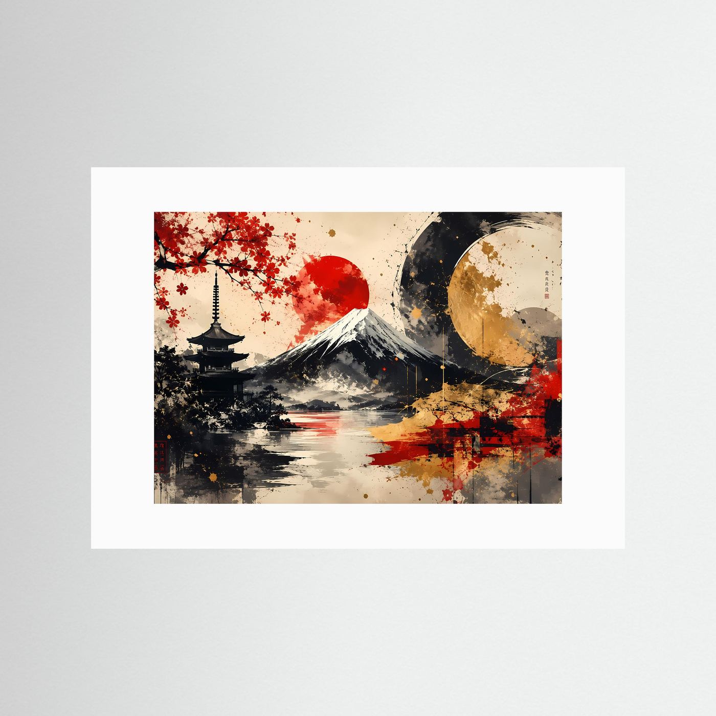 Japanisches Kunstposter im Querformat mit Fuji, rotem Laub, Mond und weißem Passepartout