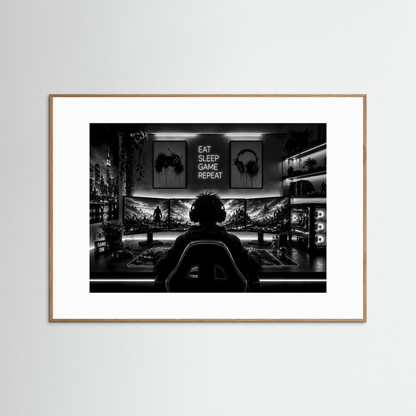 Gaming Poster Schwarz Weiß | Gamer Setup Wandbild | Gaming Room Deko | PC Gaming Kunst | Monochromer Fine Art Print