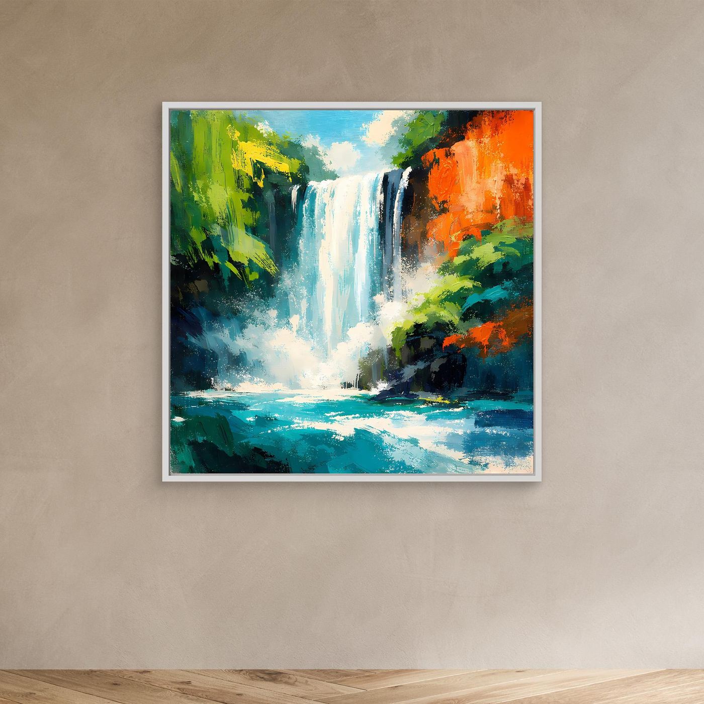 Leinwand-Wandbild mit abstraktem Wasserfall, orange und grüne Farbflächen im Urwald