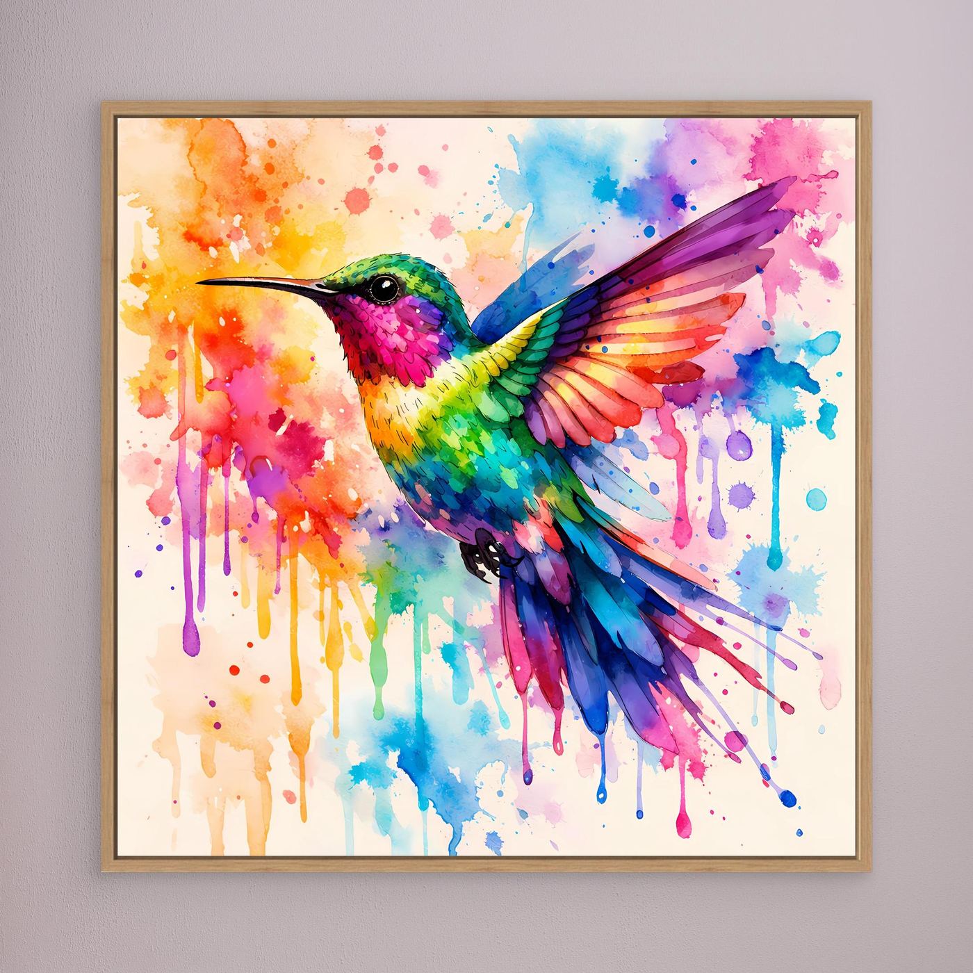 Leinwandbild mit buntem Kolibri-Aquarell, goldfarbener Rahmen