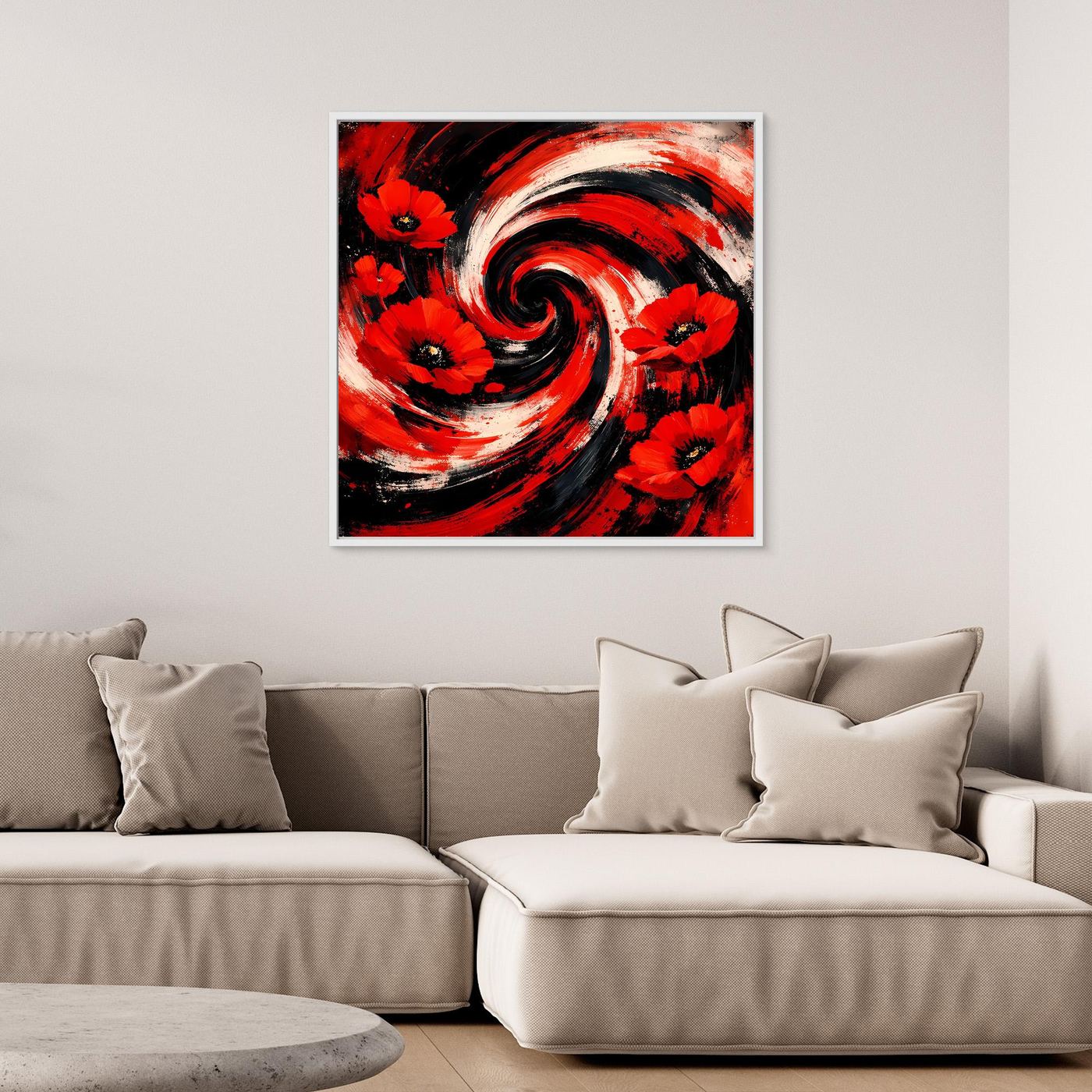 Quadratisches Leinwandbild mit roten Mohnblüten und kräftigem Wirbel, dunkler Rahmen.