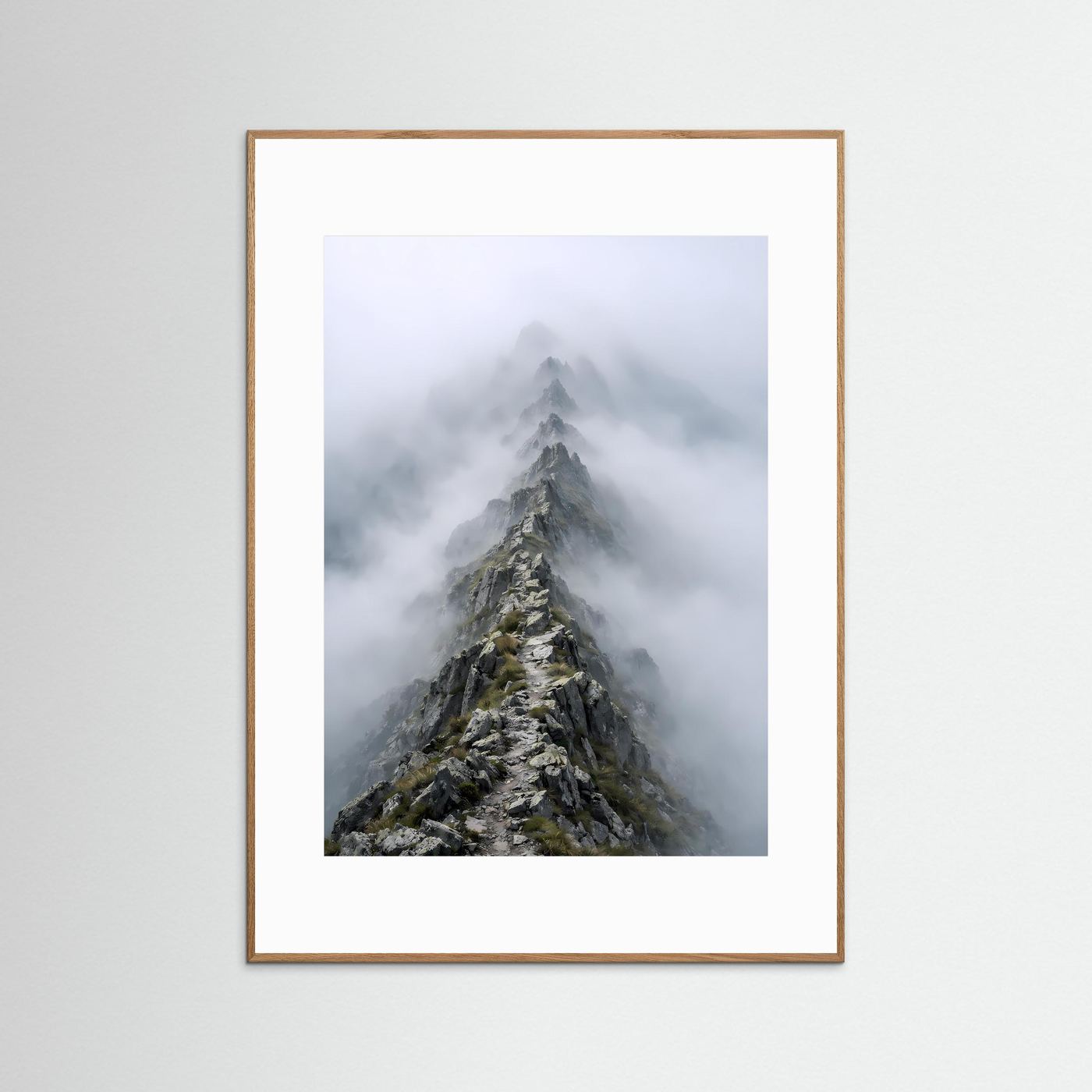 Hochformatiges Poster mit Bergspitze im Nebel, hellbraun gerahmt