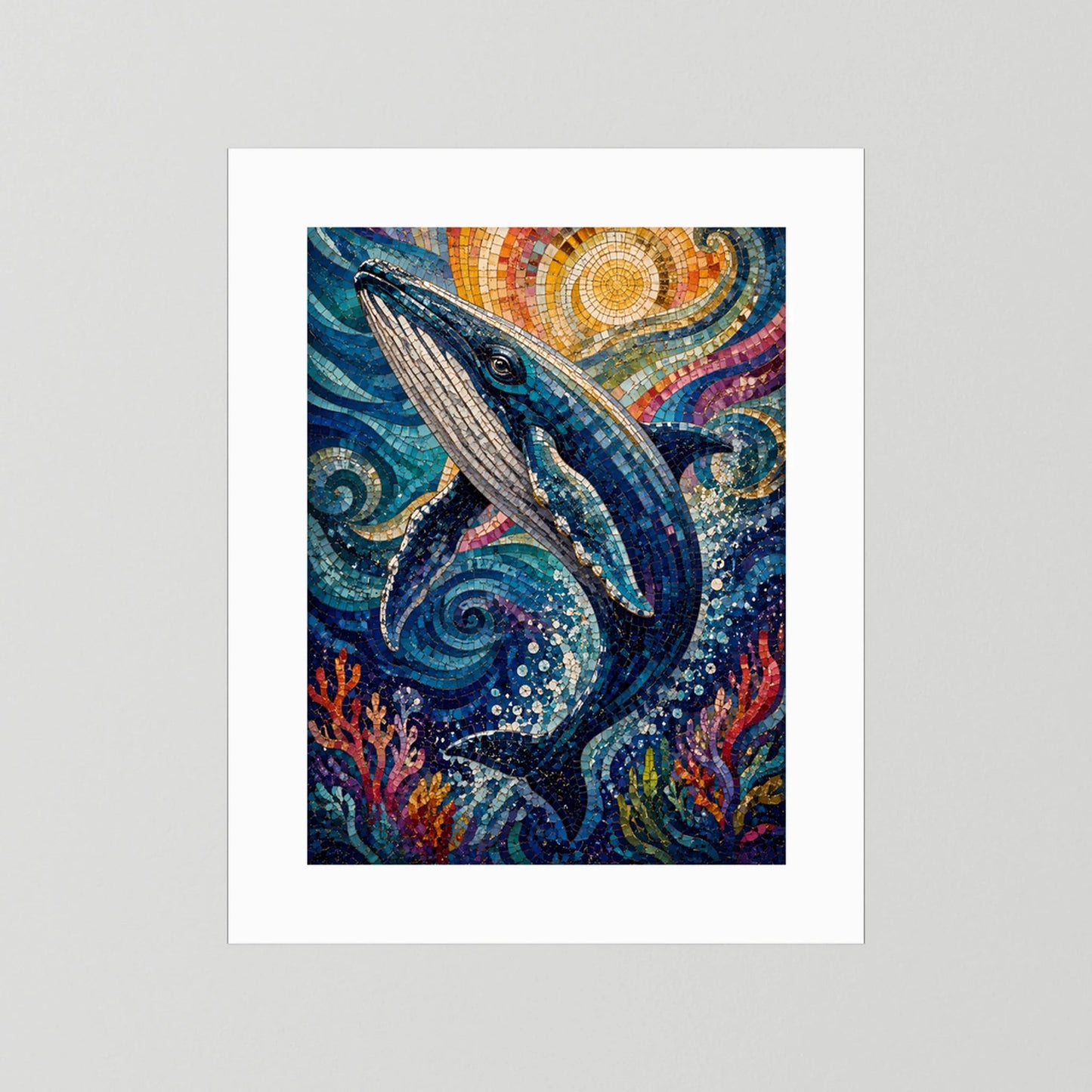 Poster mit weißem Rand: Delfin-Mosaik und Mosaiksonne