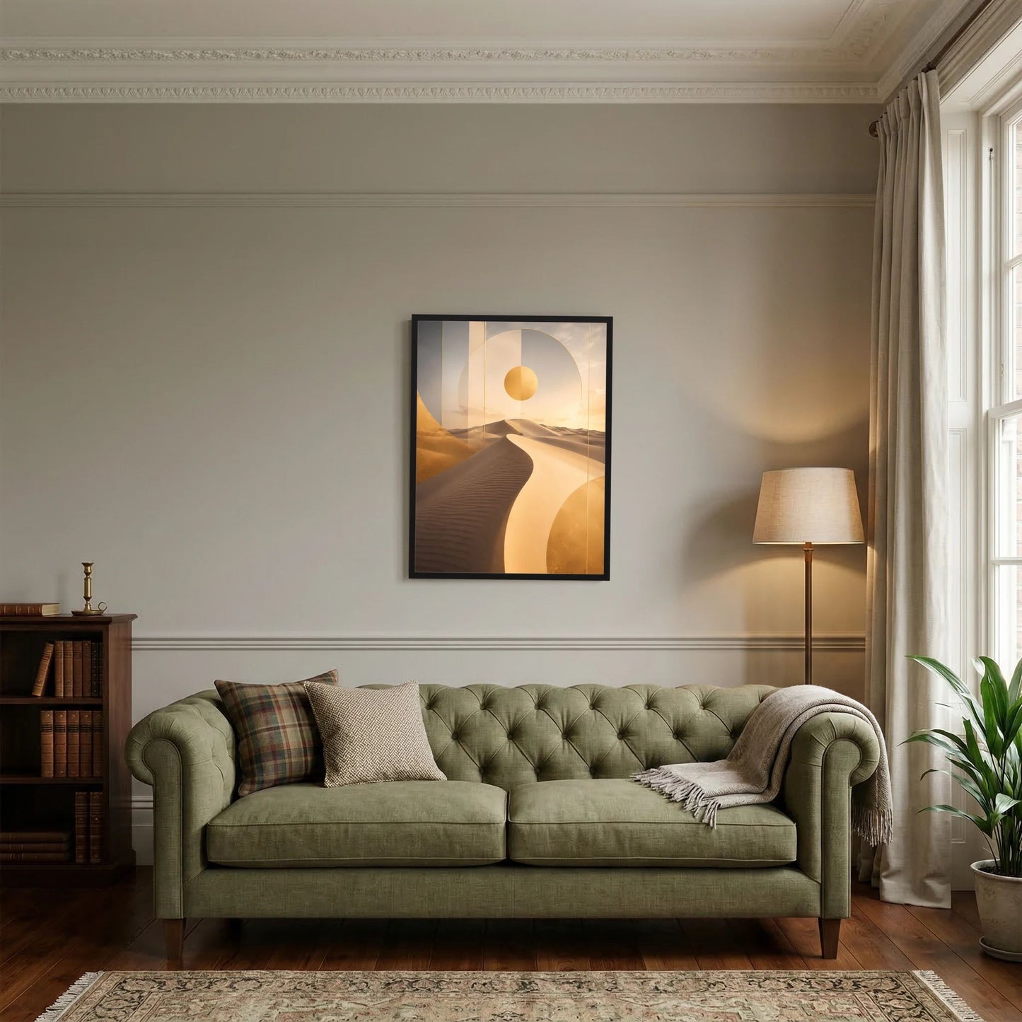 Hochformatiges Poster mit abstrakten Dünen und goldener Sonne im schwarzen Rahmen