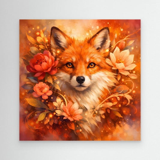 Leinwandbild Fuchs mit Blumenkranz, orange-roter Farbton, ohne sichtbaren Rahmen