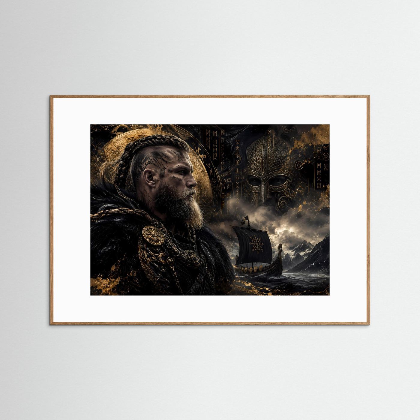 Epischer Wikinger-Krieger auf hoher See | Nordische Mythologie & Drachenschiff Poster Querformat