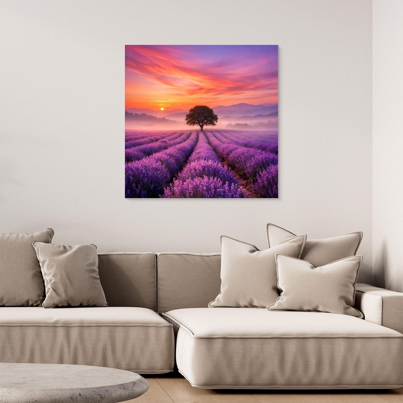 Gerahmtes Leinwandbild mit Lavendelfeld bei Sonnenuntergang und einzelnem Baum