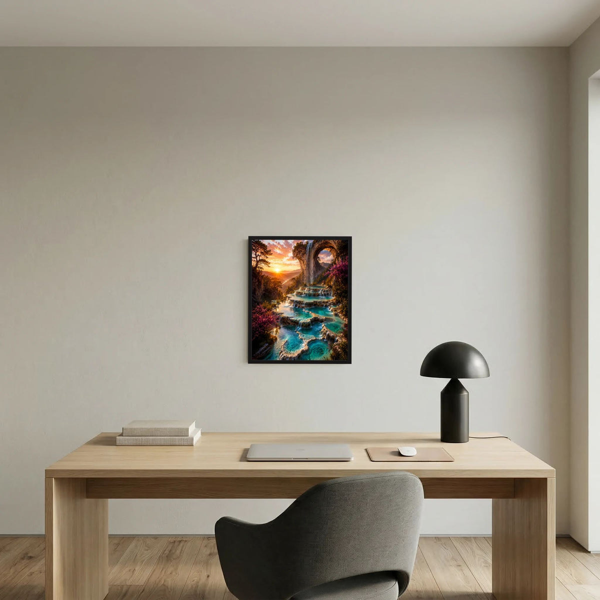 Hochformatiges Kunstposter im schwarzen Rahmen mit türkisfarbenem Fluss, Wasserfall und Felsbogen