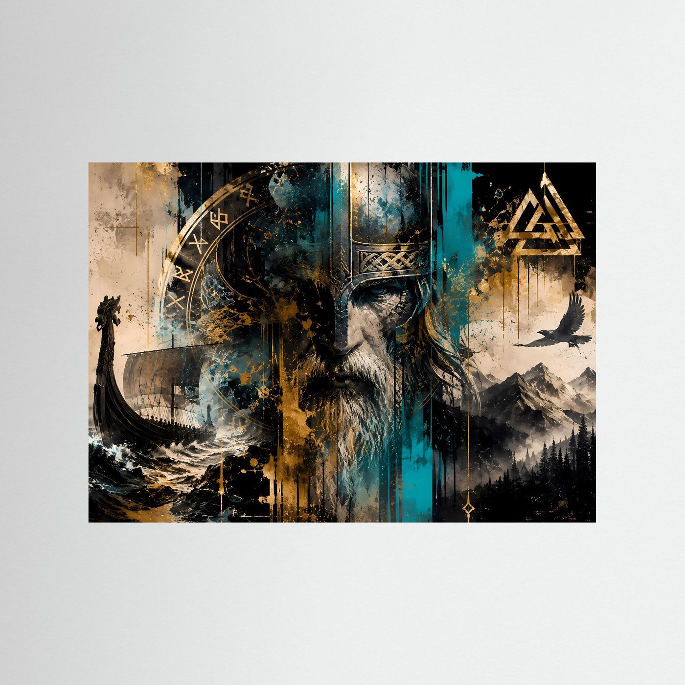Wikinger Krieger mit Runen & Drachenschiff | Nordische Mythologie Poster Panorama Querformat in Gold, Türkis & Schwarz