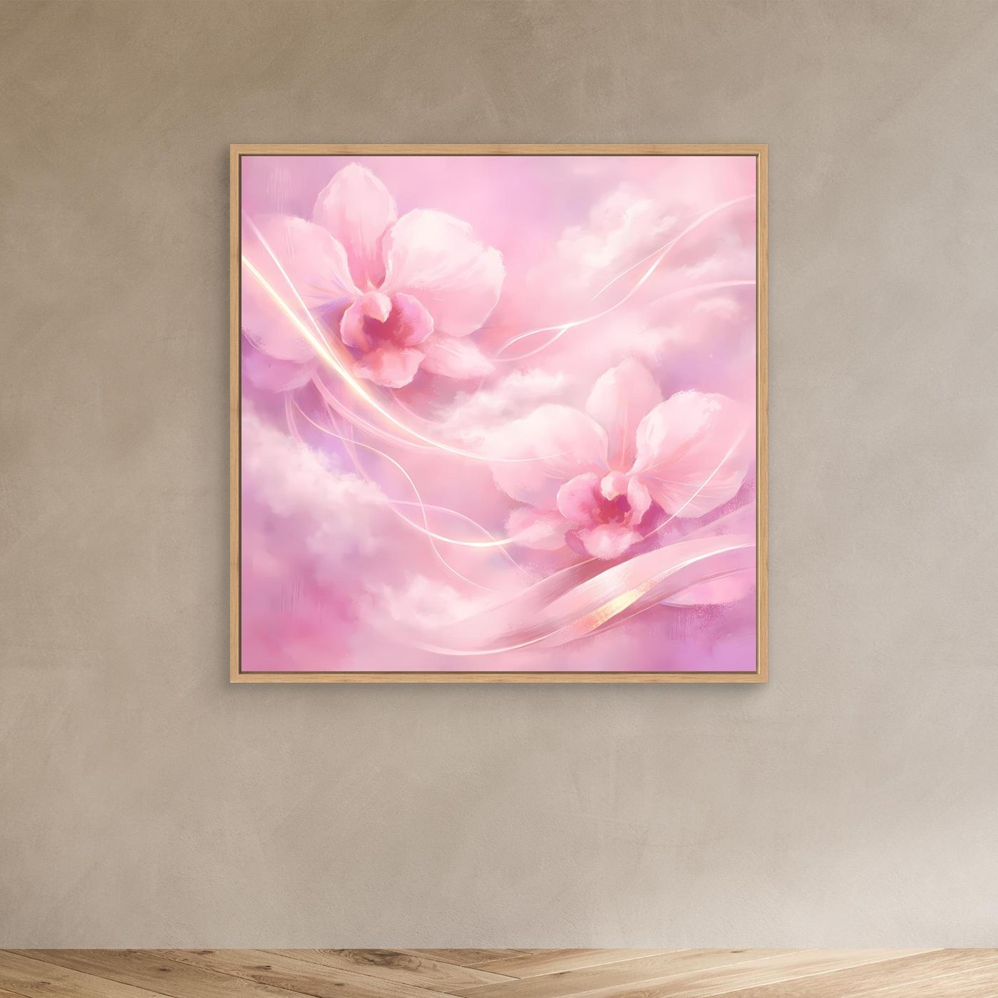 Leinwandbild mit rosafarbenen Orchideen und abstrakten Blütenlinien im Eichenrahmen