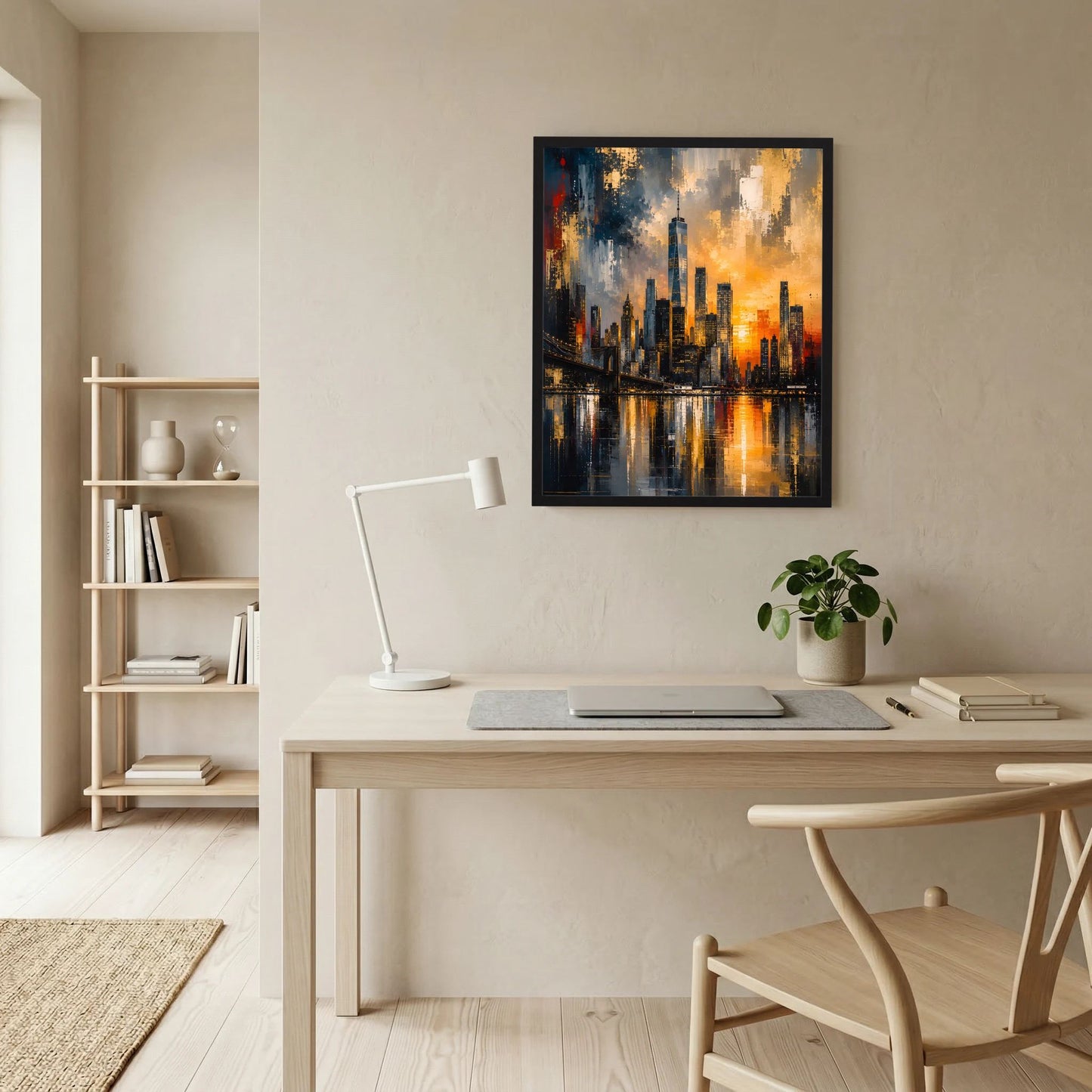 Gerahmtes Poster mit abstrakter Skyline und reflektierenden Lichtern in Gold und Schwarz