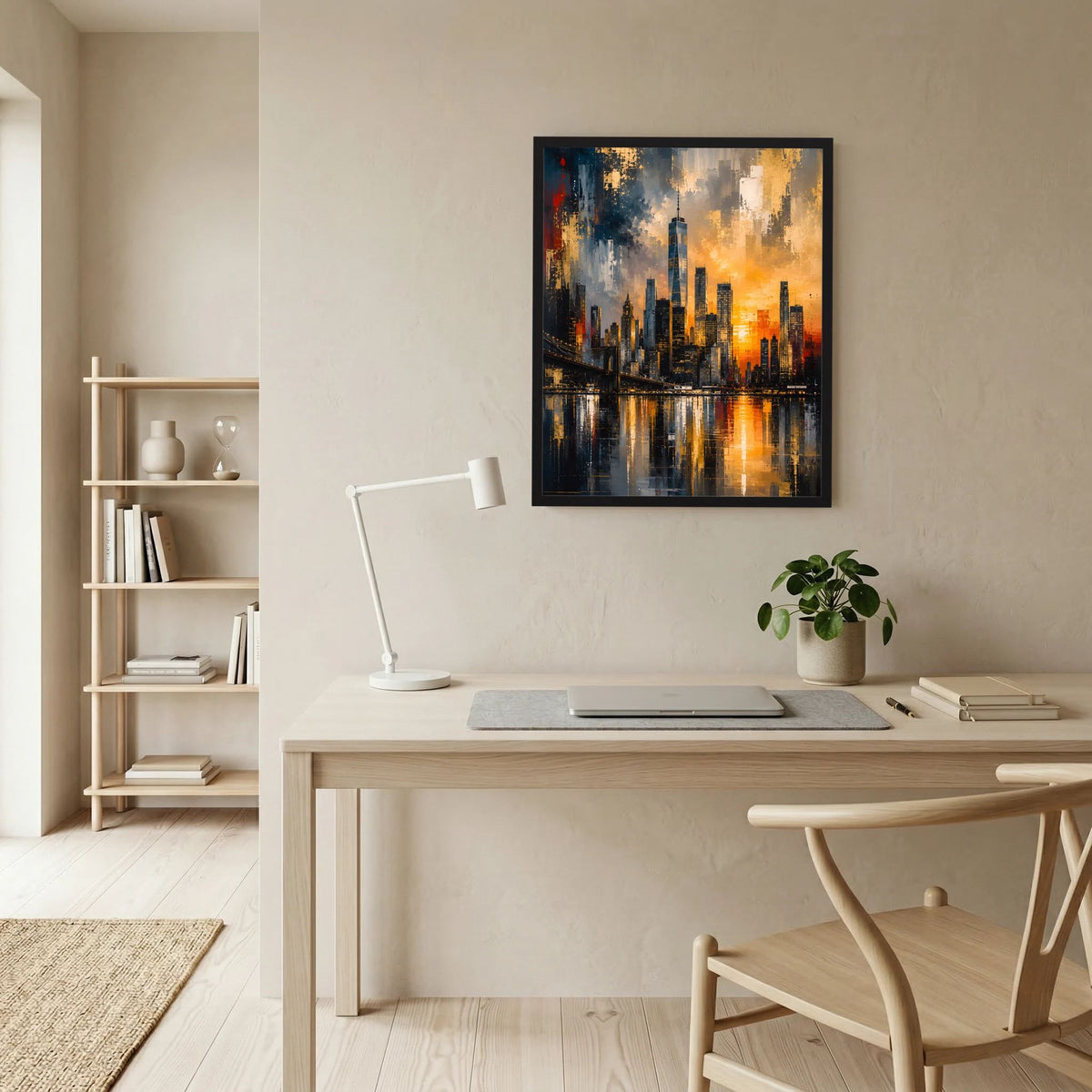 Gerahmtes Poster mit abstrakter Skyline und reflektierenden Lichtern in Gold und Schwarz