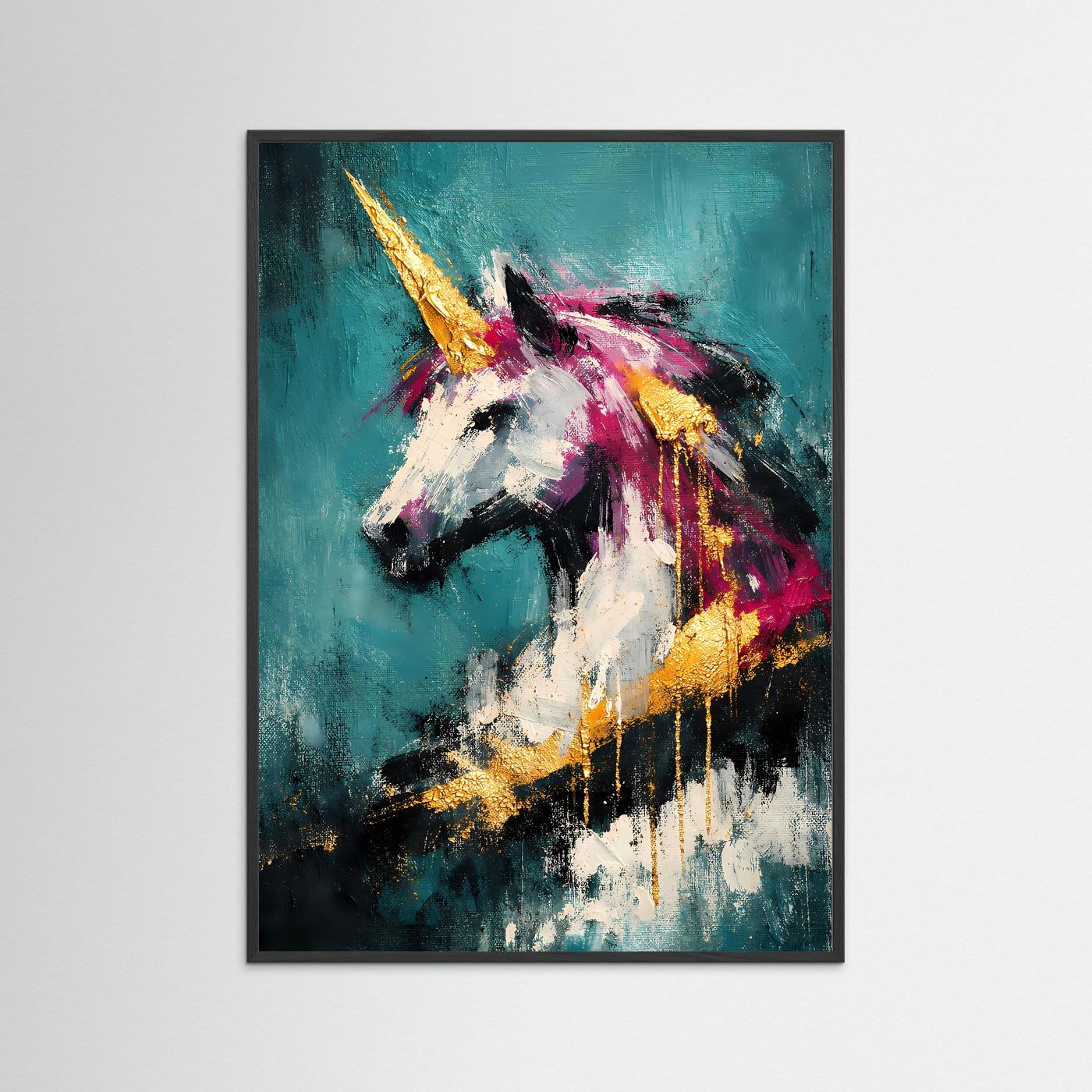 Abstraktes Einhorn-Kunstposter mit schwarzem Holzrahmen, türkis, magenta und gold