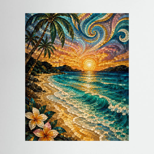 Hochformat-Poster im Mosaikstil mit Palmen, Meer und Sonnenuntergang, ohne Rahmen