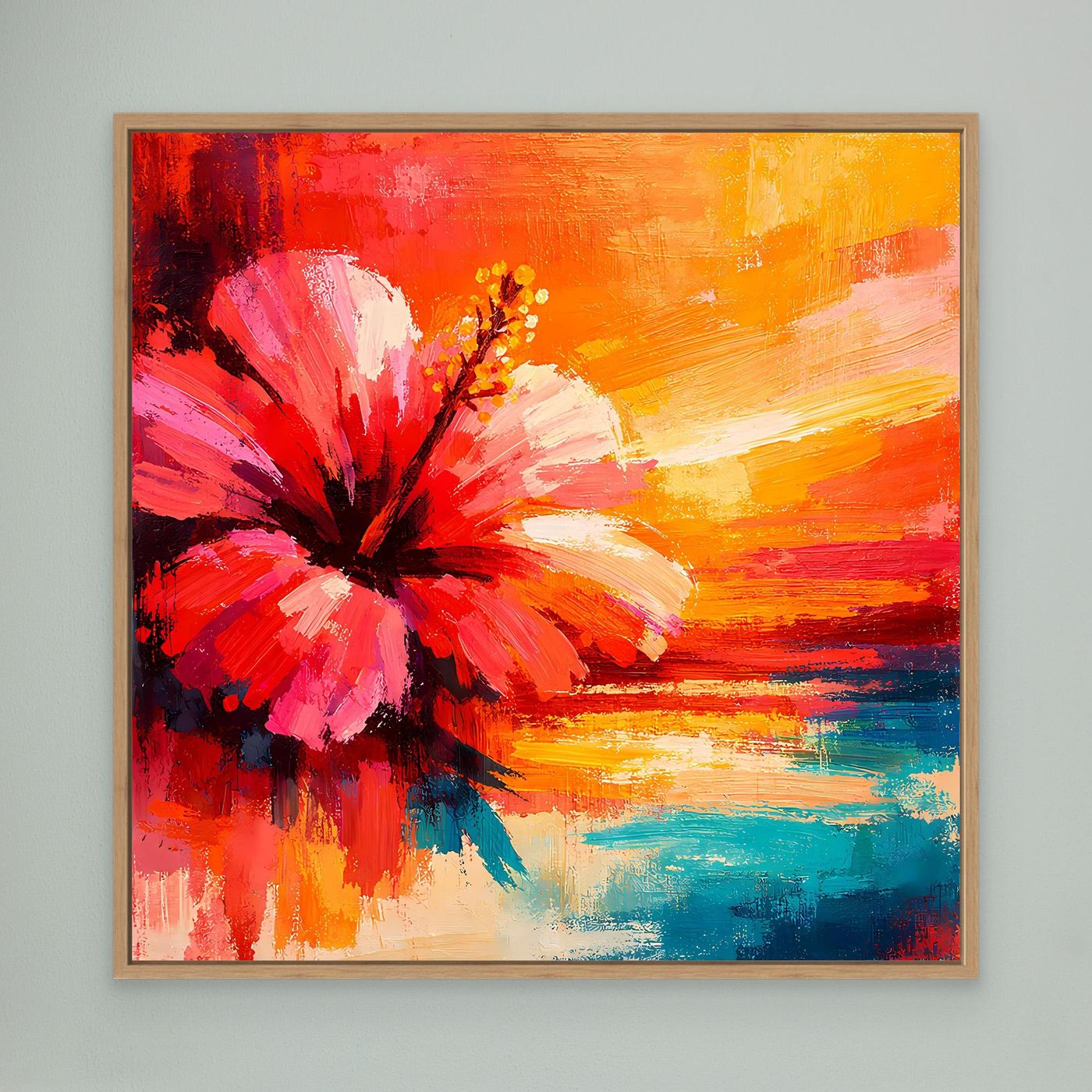 Leinwand Abstraktes Hibiskusblütenbild am Meer | Modernes Küsten Wandbild Bunt