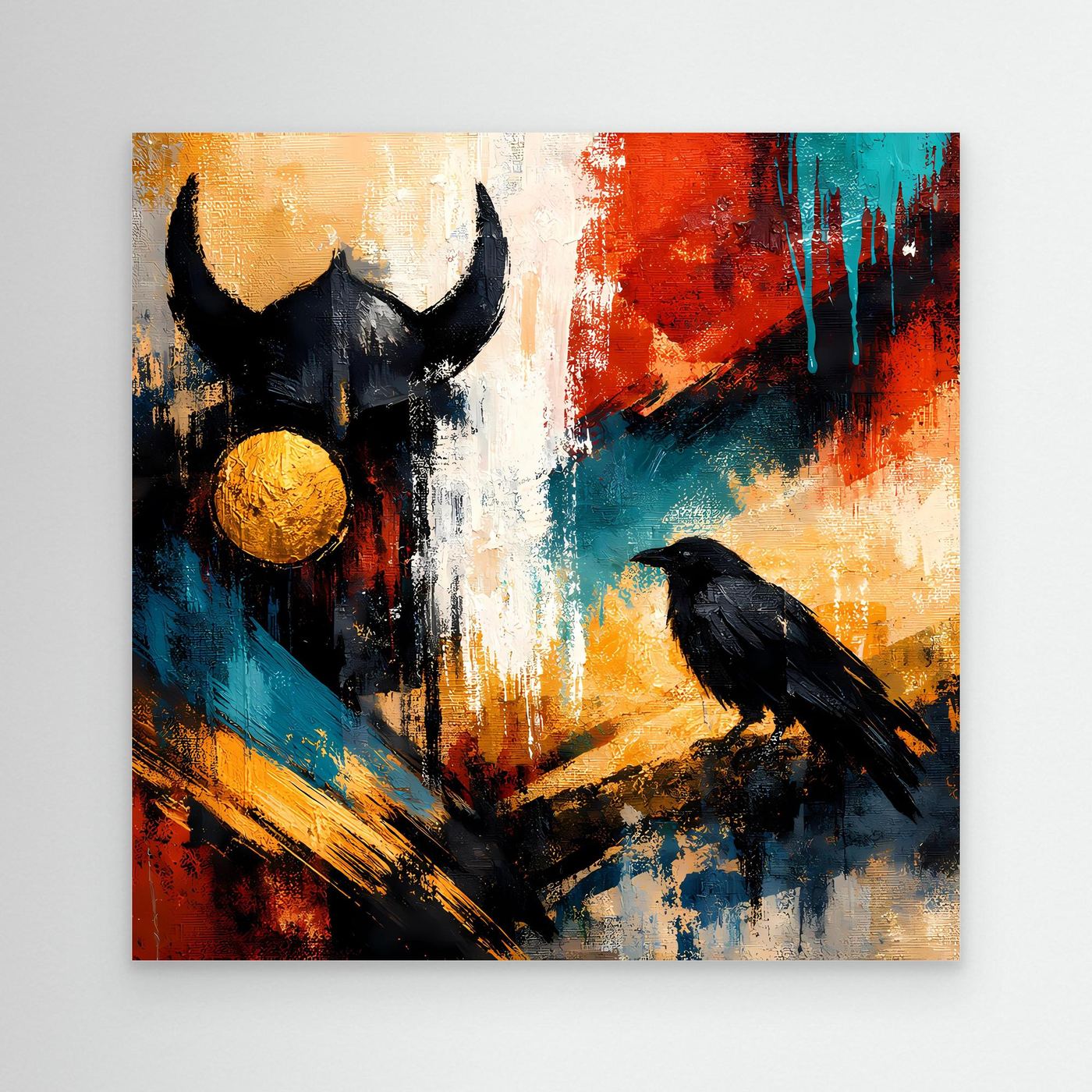 Abstraktes Odin-und-Rabe-Leinwandbild ohne Rahmen, schwarze Motive, goldene Kugel, Rot-Blau