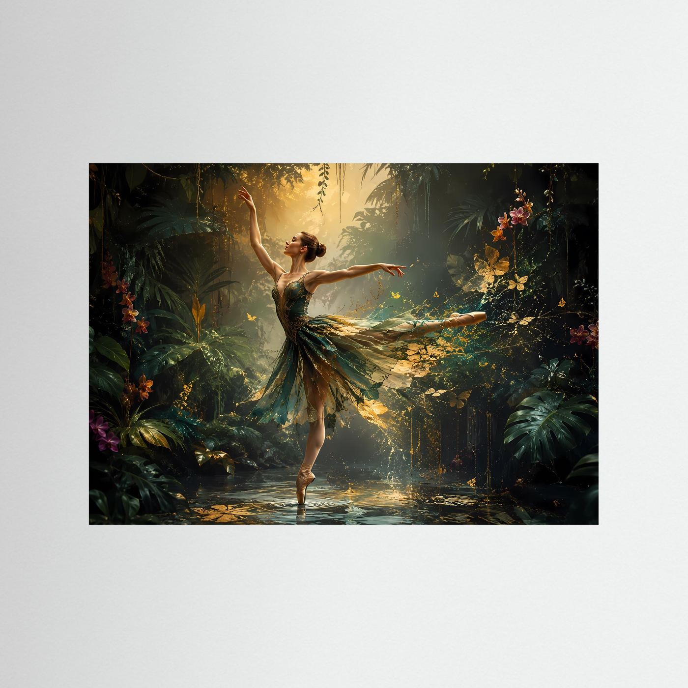 Ballerina im Dschungel mit Goldakzenten | Elegante Tanzkunst in Grün & Gold