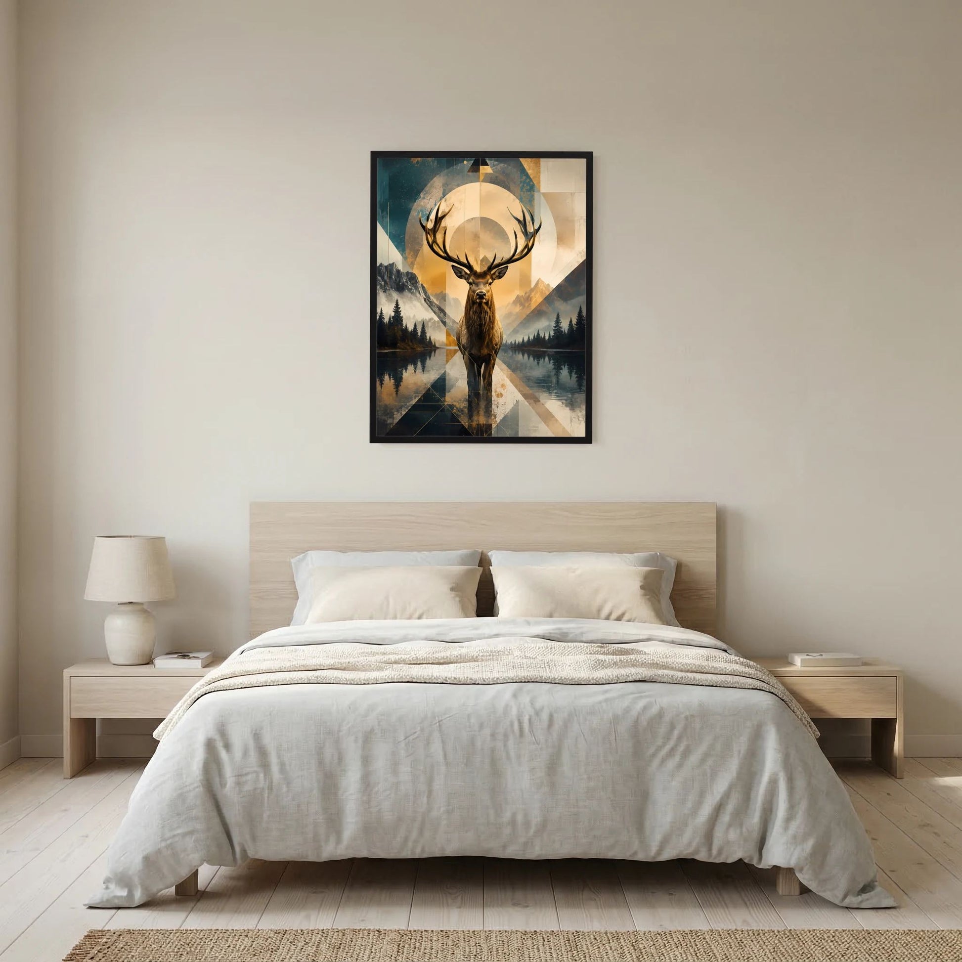Hochformatiges Poster mit Hirschkopf im Gold-Look und geometrischer Berglandschaft, schwarzer Rahmen