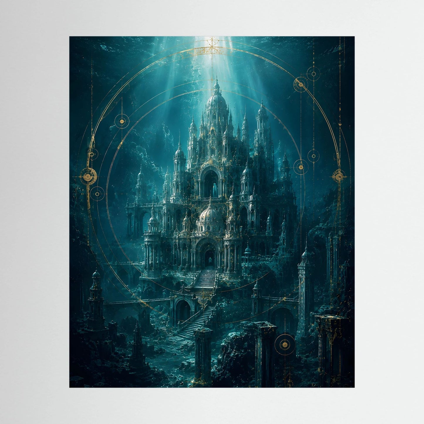 Kunstposter im Hochformat mit Unterwasserstadt-Motiv in Türkis und Gold, kreisförmige Linien