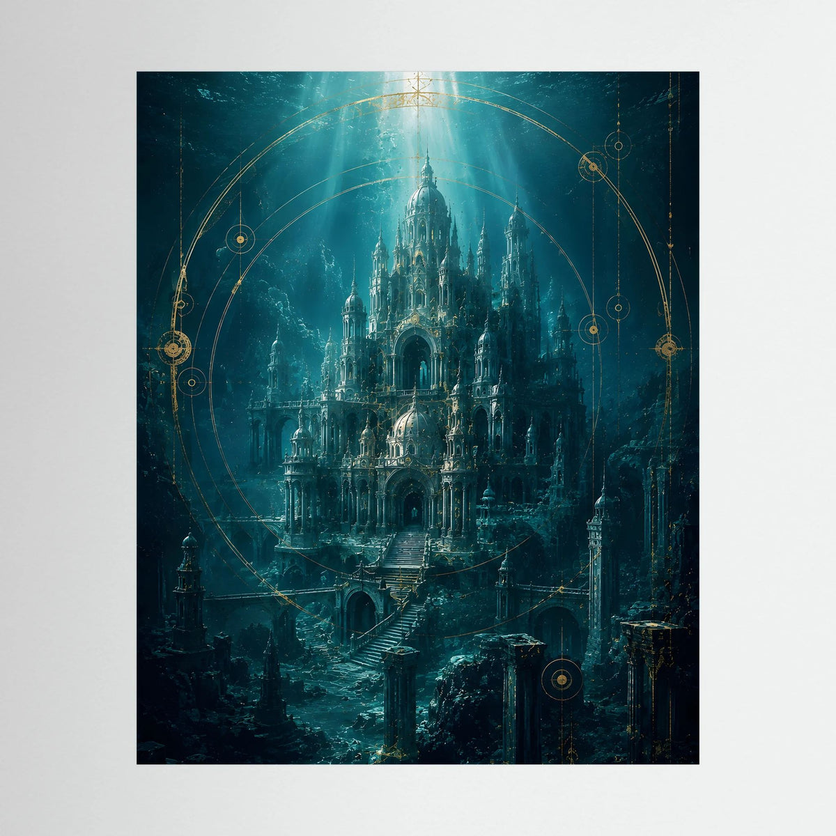 Kunstposter im Hochformat mit Unterwasserstadt-Motiv in Türkis und Gold, kreisförmige Linien