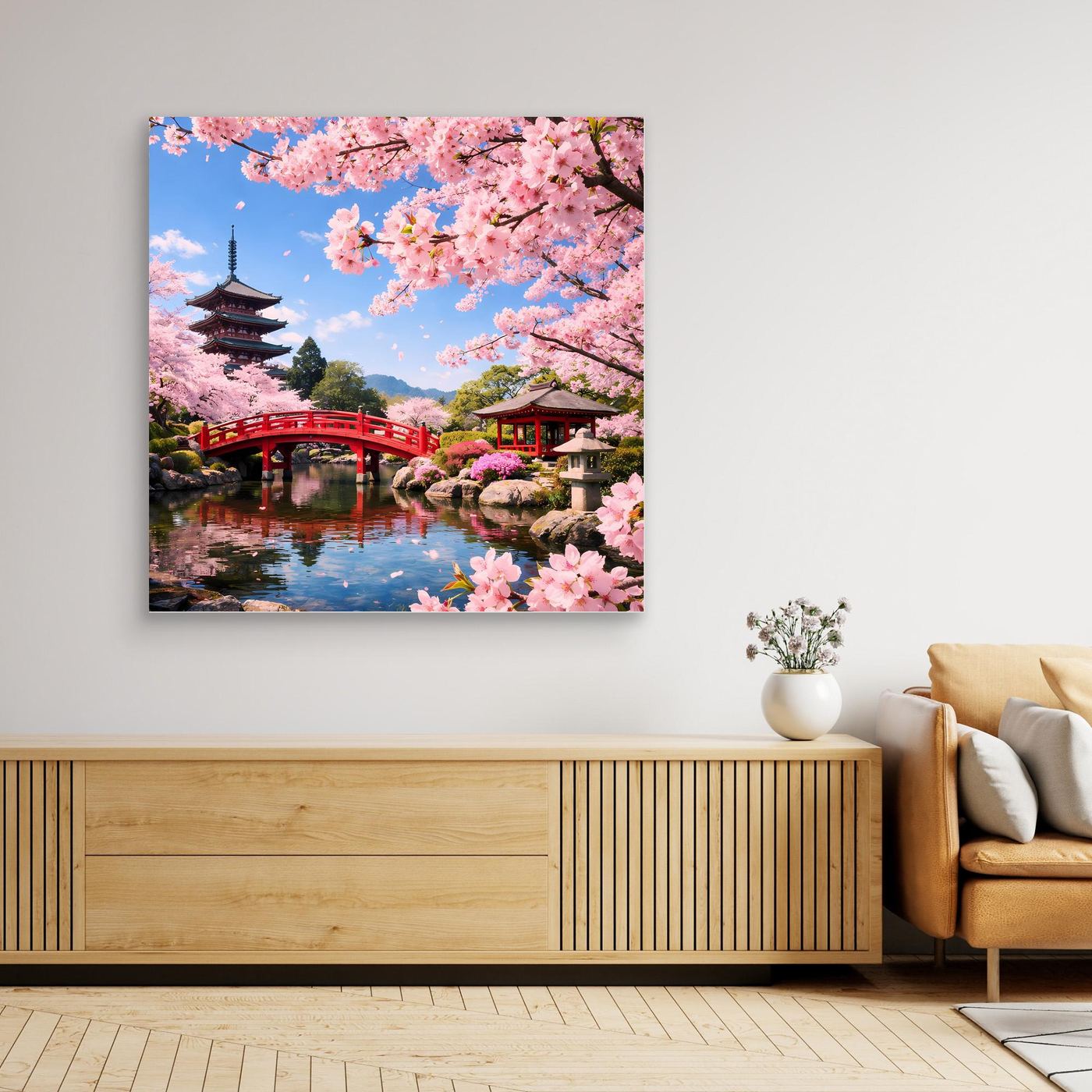 Leinwandbild mit Kirschblüten, roter Brücke und Pagode, Naturholzrahmen
