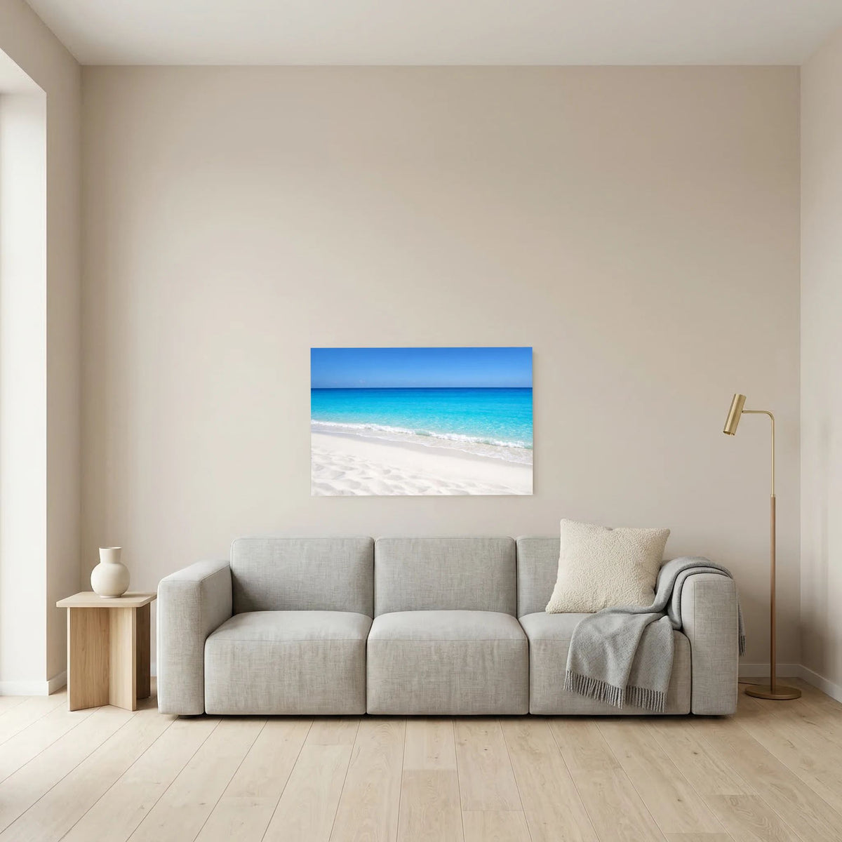 Wandbild Meerblick mit türkisblauem Wasser und hellem Sandstrand, blau umrandet, Querformat
