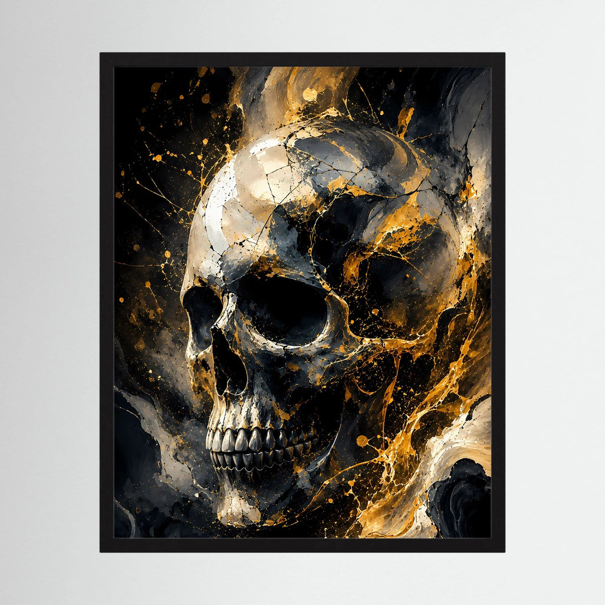 Gerahmtes Poster im Hochformat mit Totenkopf in Schwarz und Gold, abstrakte Goldadern