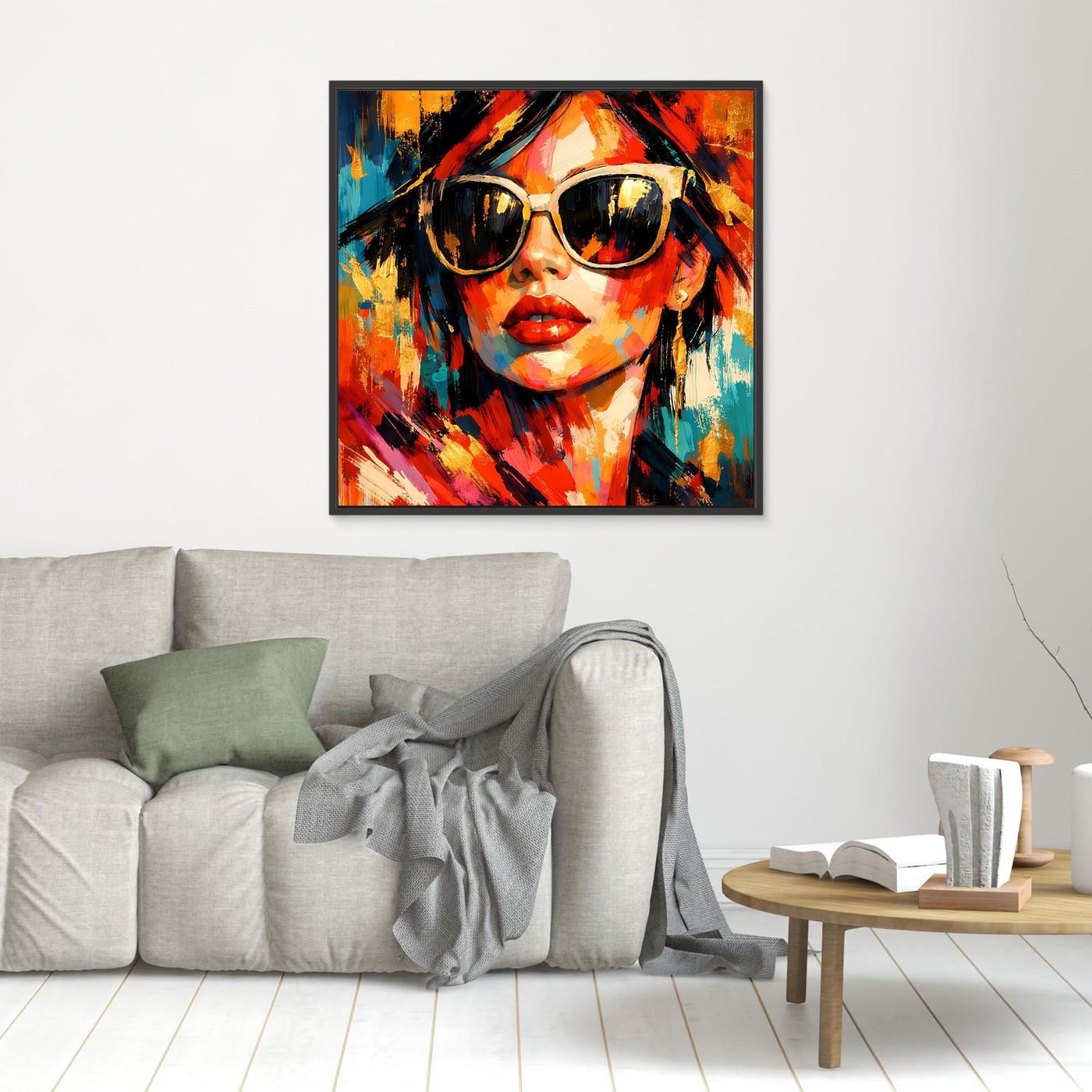 Leinwandbild Pop-Art-Frau mit Sonnenbrille, quadratisch, schwarzer Rahmen, farbige Gesichtspunkte