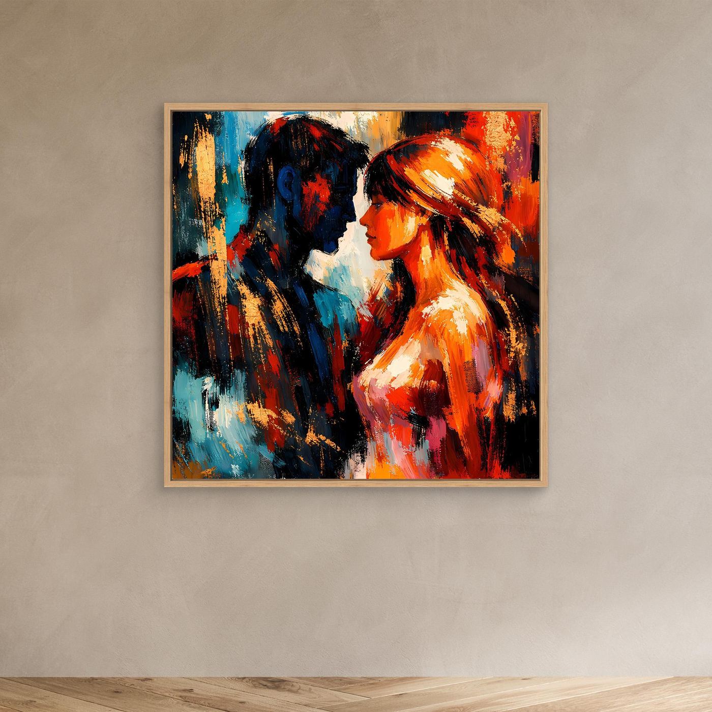 Abstraktes Leinwandbild: Liebespaar, bunte Pinselstriche, Eichenrahmen an der Wand