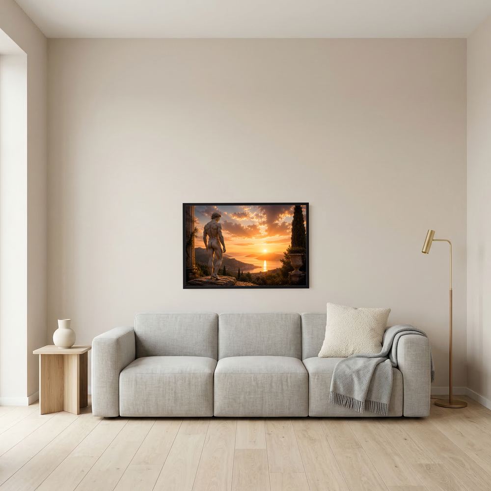Kleines Querformat-Poster mit antiker Männerstatue im Sonnenuntergang im schwarzen Rahmen