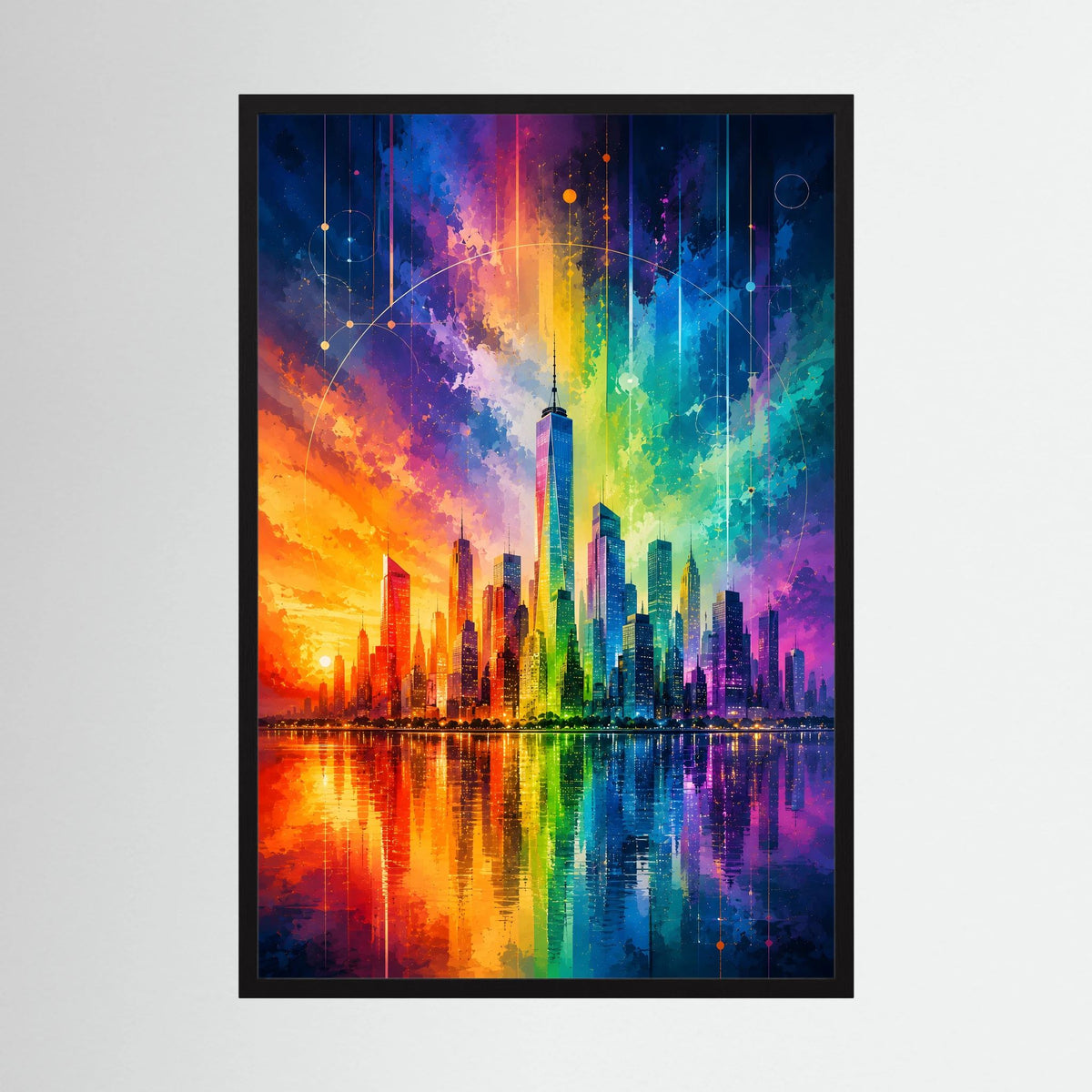 Poster mit abstrakter Regenbogen-Skyline und Reflexion im Wasser, schwarzer Rahmen