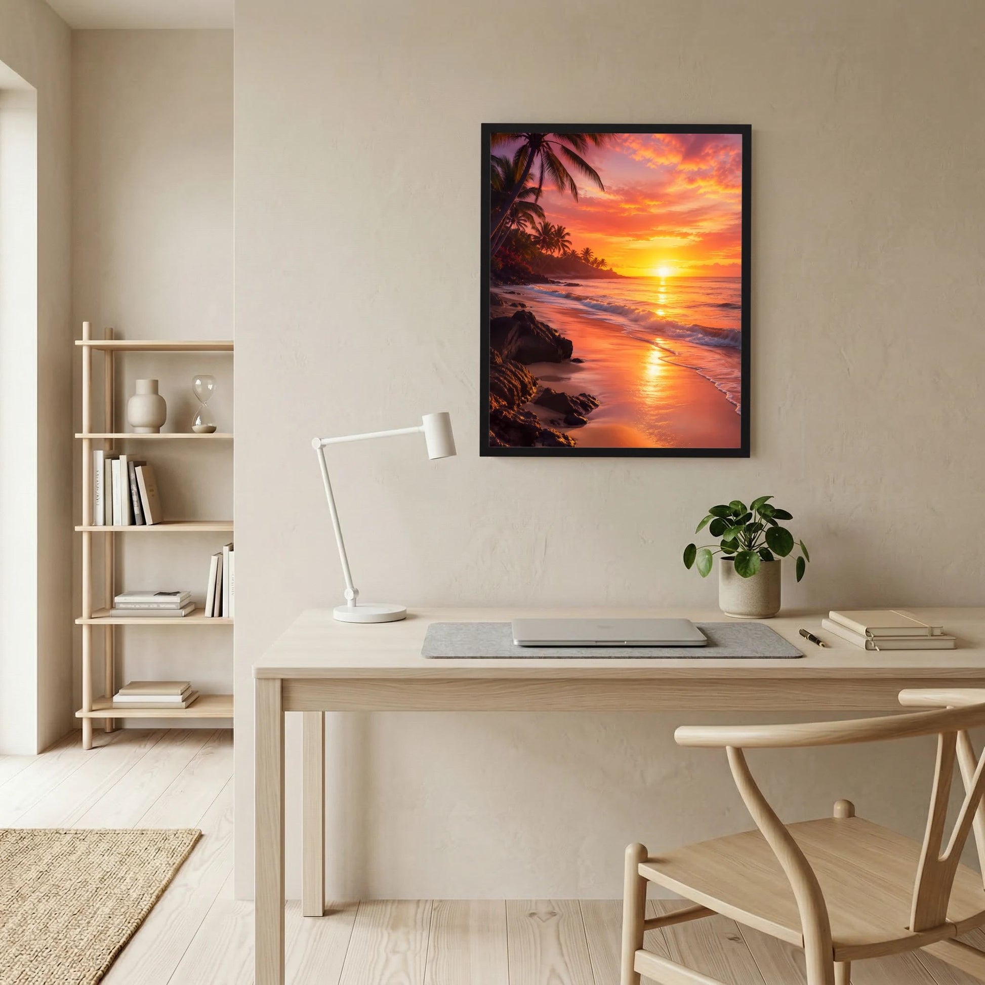 Hochformatiges Poster im schwarzen Rahmen mit tropischem Meer, Palmen und Sonnenuntergang