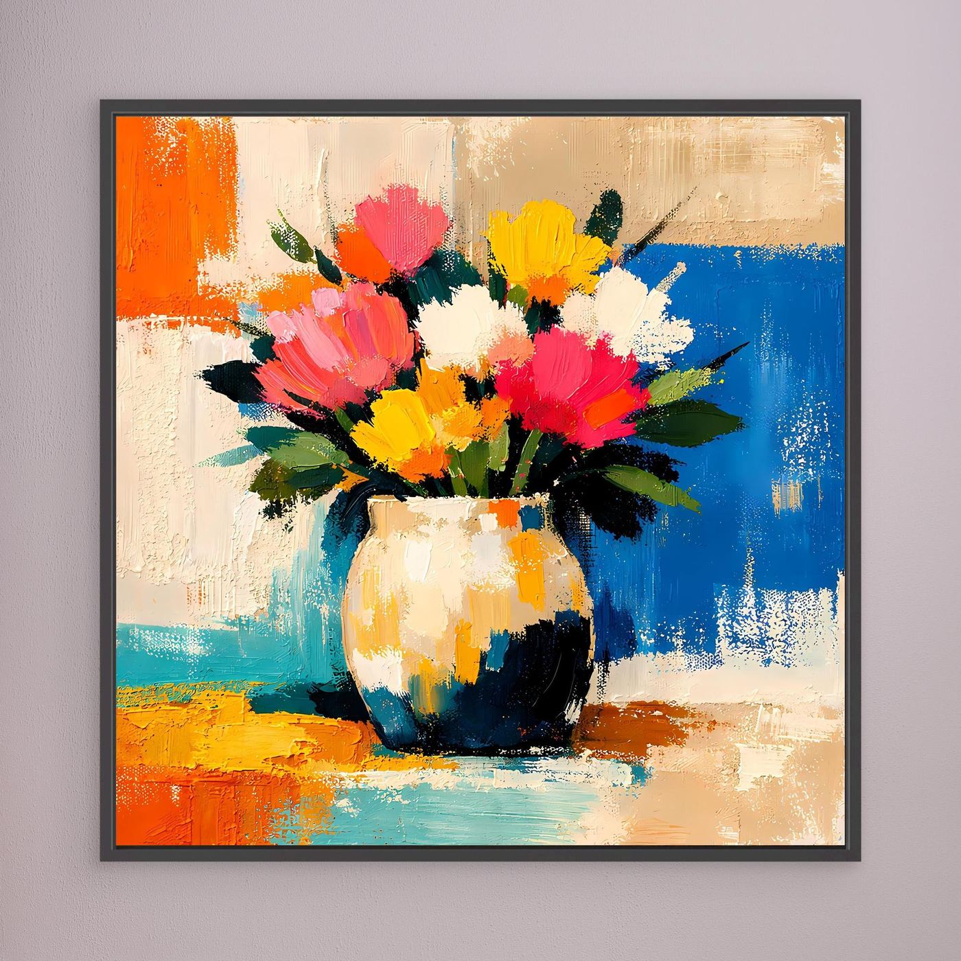 Wall art canvas of colorful bouquet in a vase, with black frame