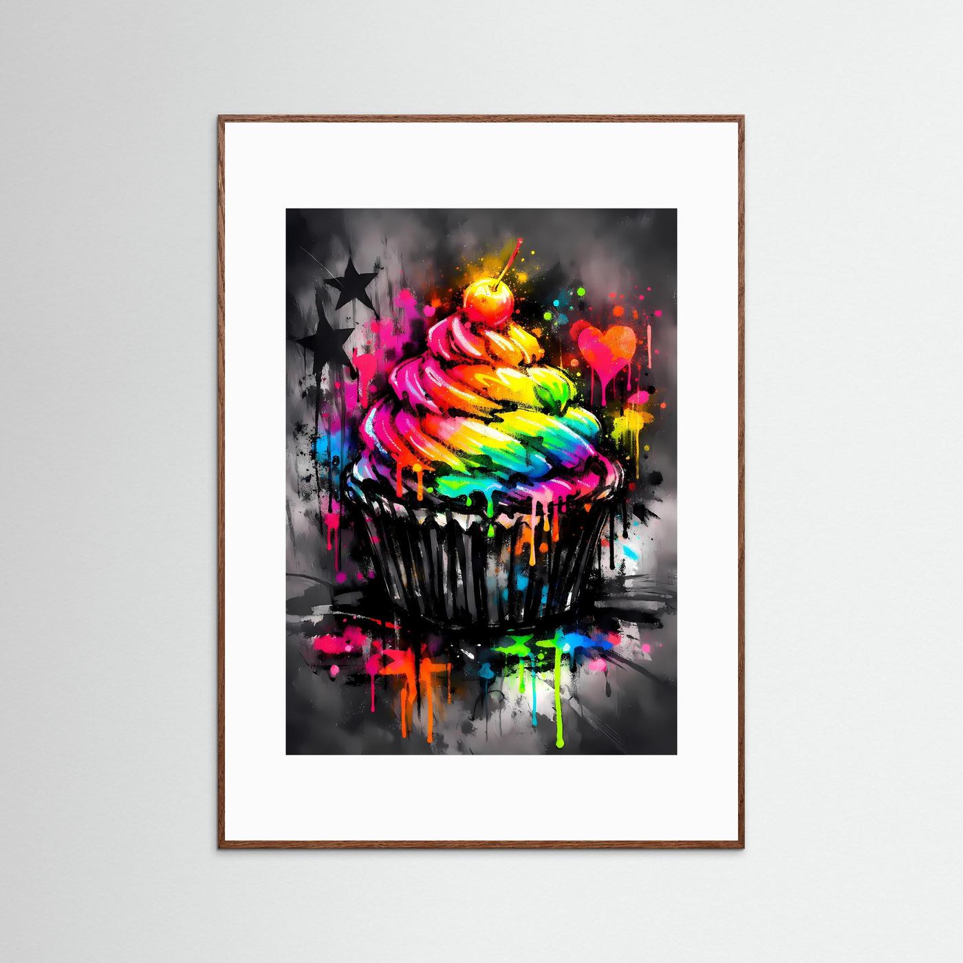 Süße Farbexplosion | Regenbogen Cupcake Poster in Neon-Optik & Graffiti-Style | Abstraktes Kunstposter Hochformat