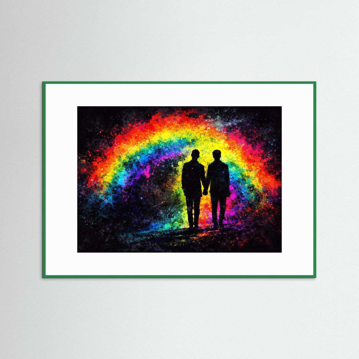 Gerahmtes Wandbild: zwei Silhouetten im Regenbogenlicht, grüner Rahmen mit weißem Rand