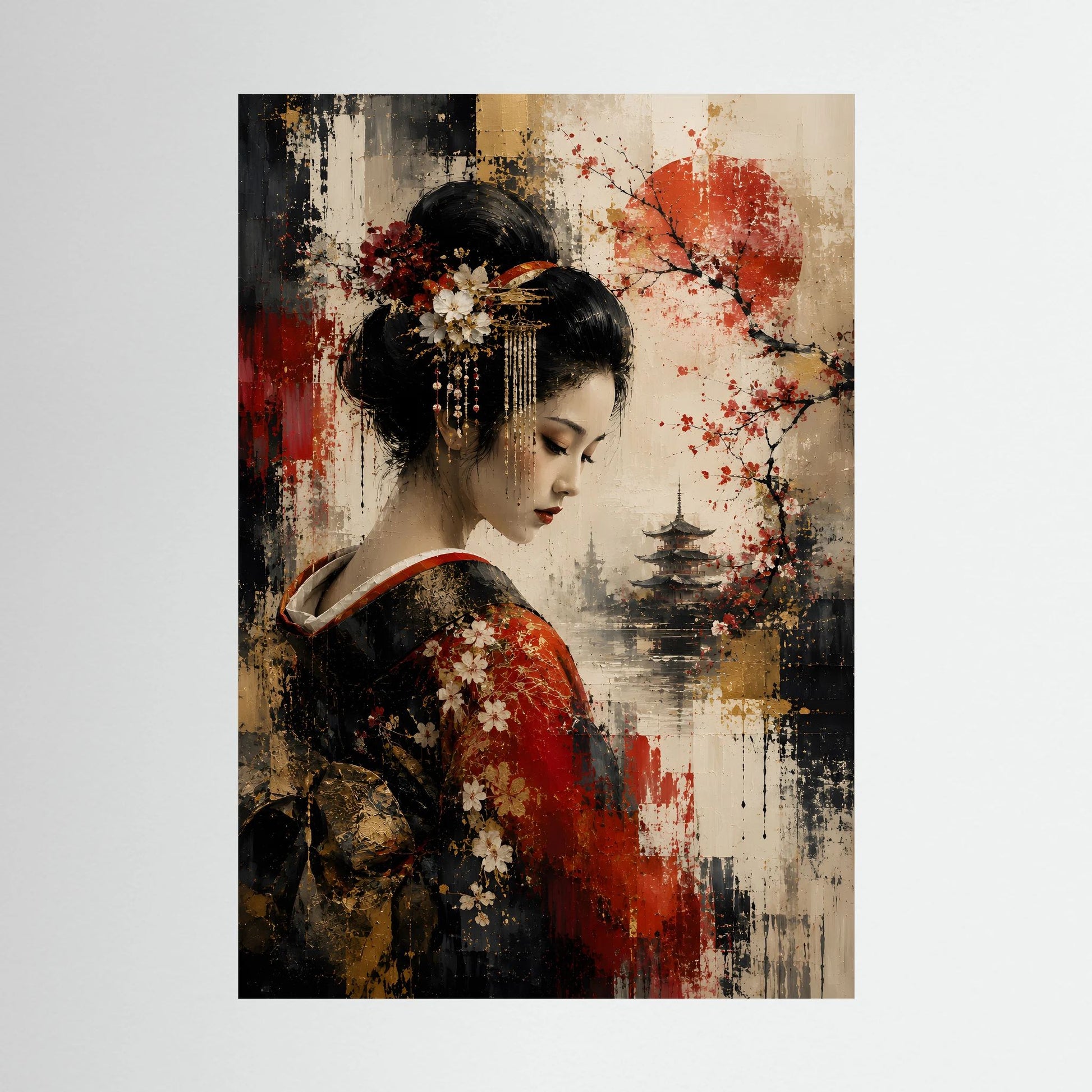 Kunstposter im Hochformat: Geisha-Porträt in Schwarz, Rot und Gold, Kirschblüten, Pagode