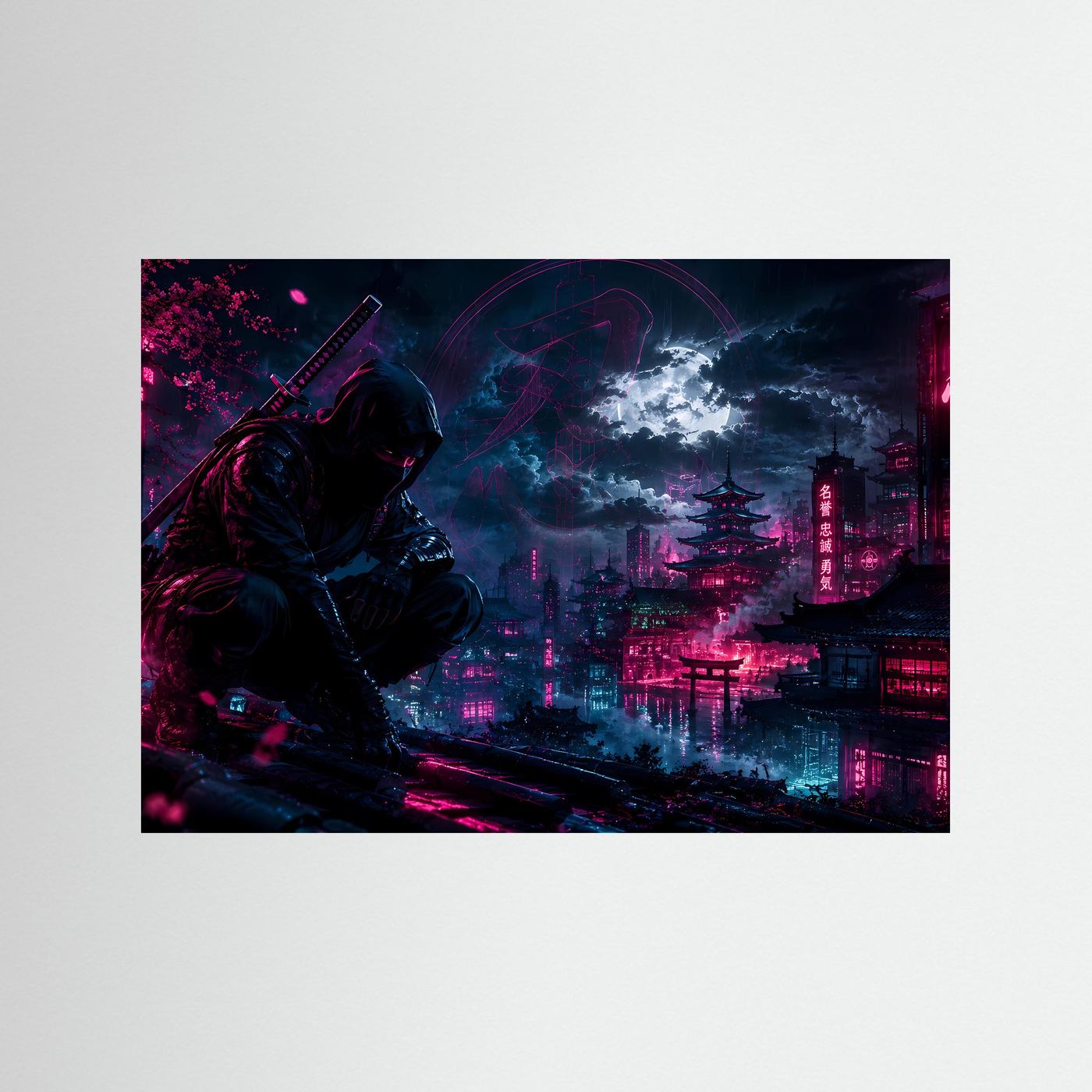Neon Ninja bei Nacht | Futuristisches Japan in Pink & Blau
