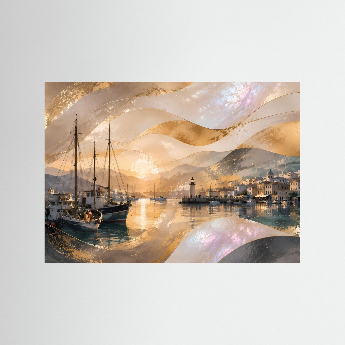 Hafen-Poster im Querformat mit Segelbooten und Leuchtturm bei goldenem Sonnenuntergang.