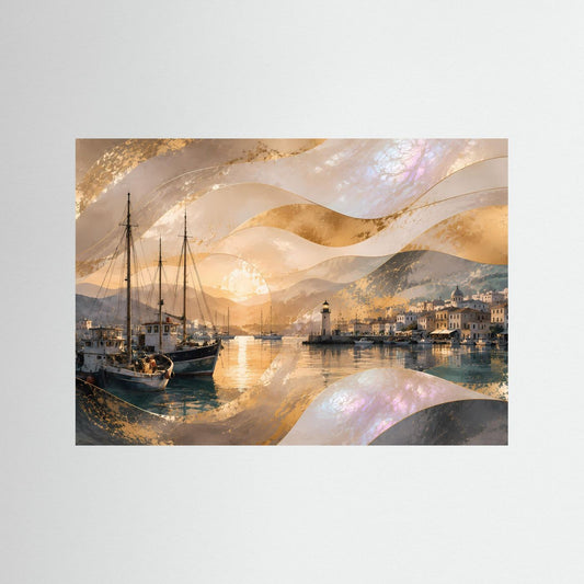 Hafen-Poster im Querformat mit Segelbooten und Leuchtturm bei goldenem Sonnenuntergang.