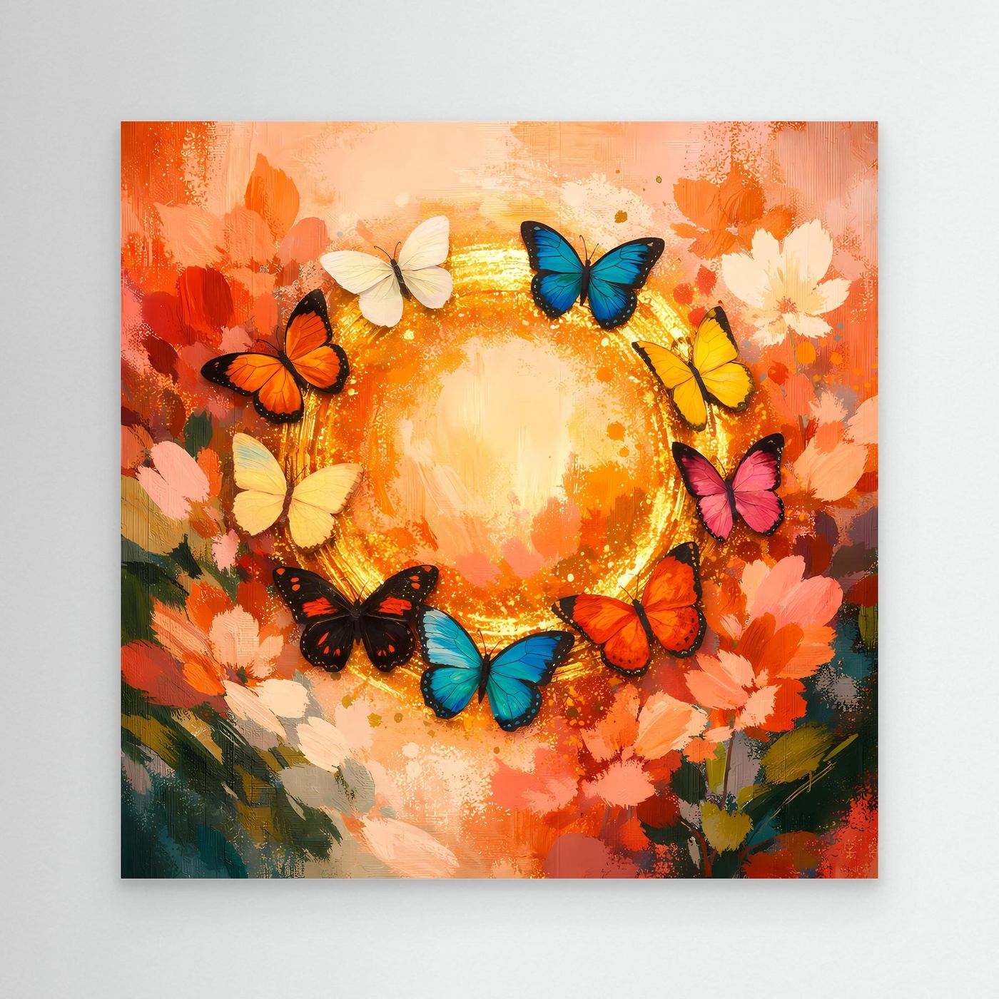 Leinwandbild mit goldenem Kreis und bunten Schmetterlingen, umrahmt von Blumen
