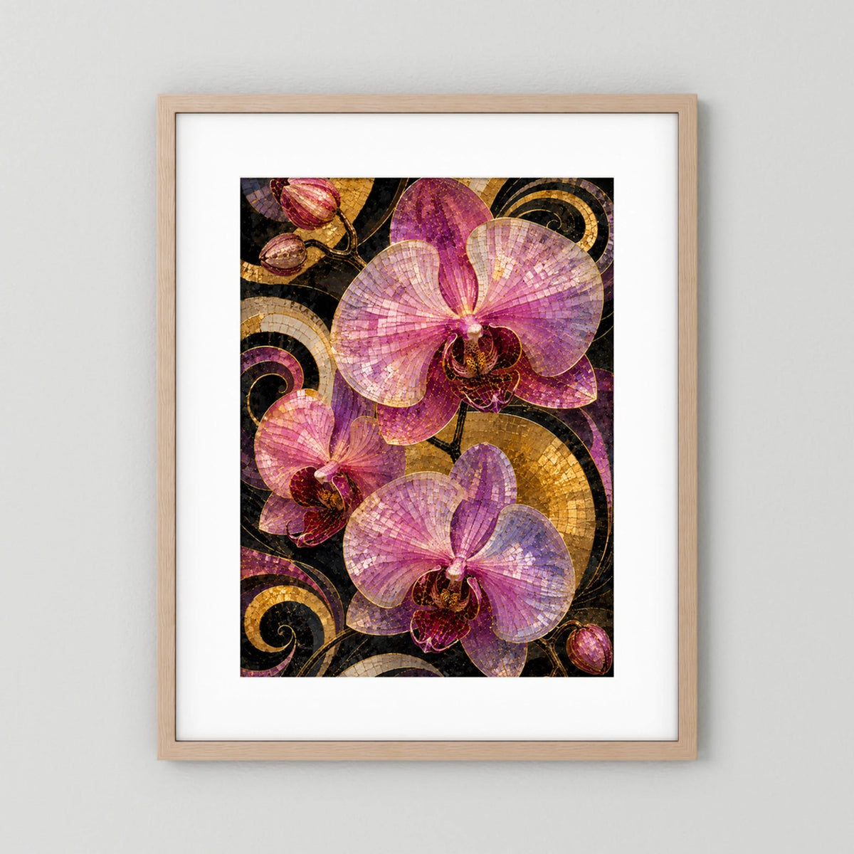 Hochformatiges Kunstposter mit hellem Holzrahmen und weißem Passepartout: rosa Orchideen.