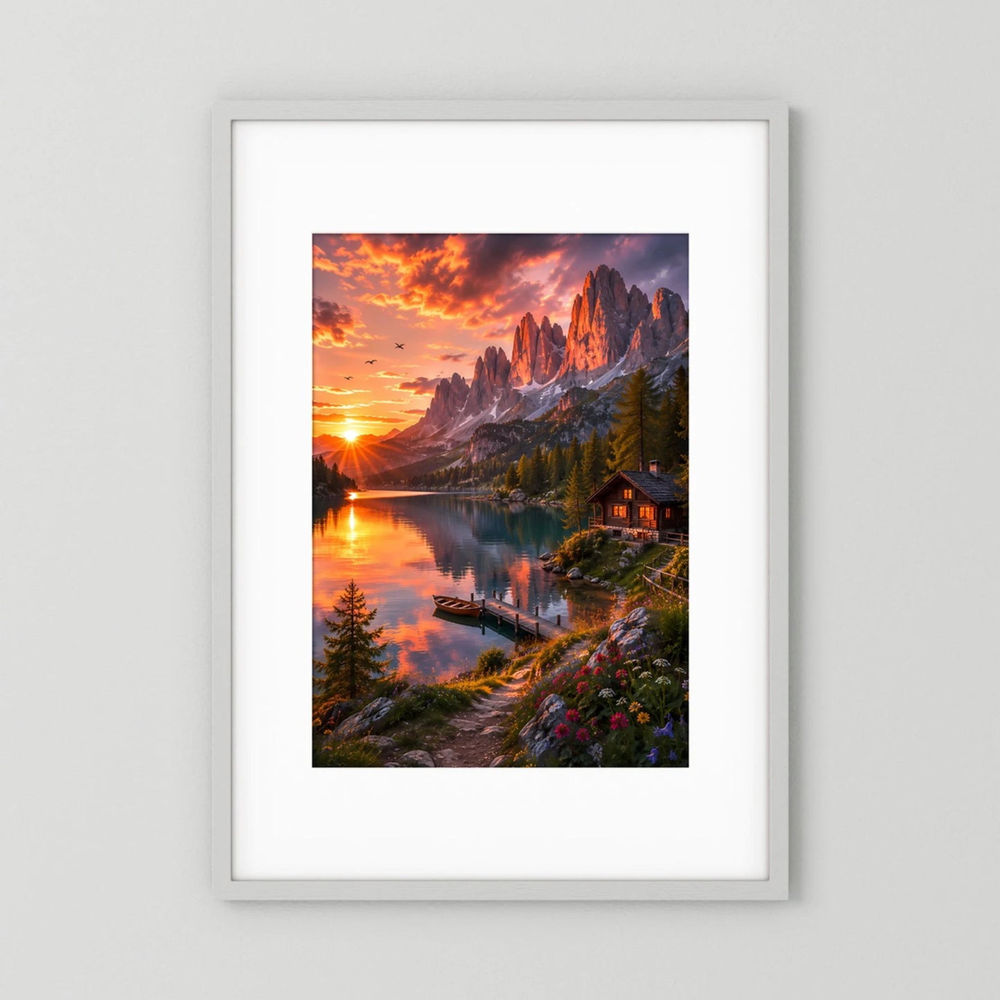 Hochformat-Poster: Berghütte am See beim Sonnenuntergang, leuchtende Bergspitzen