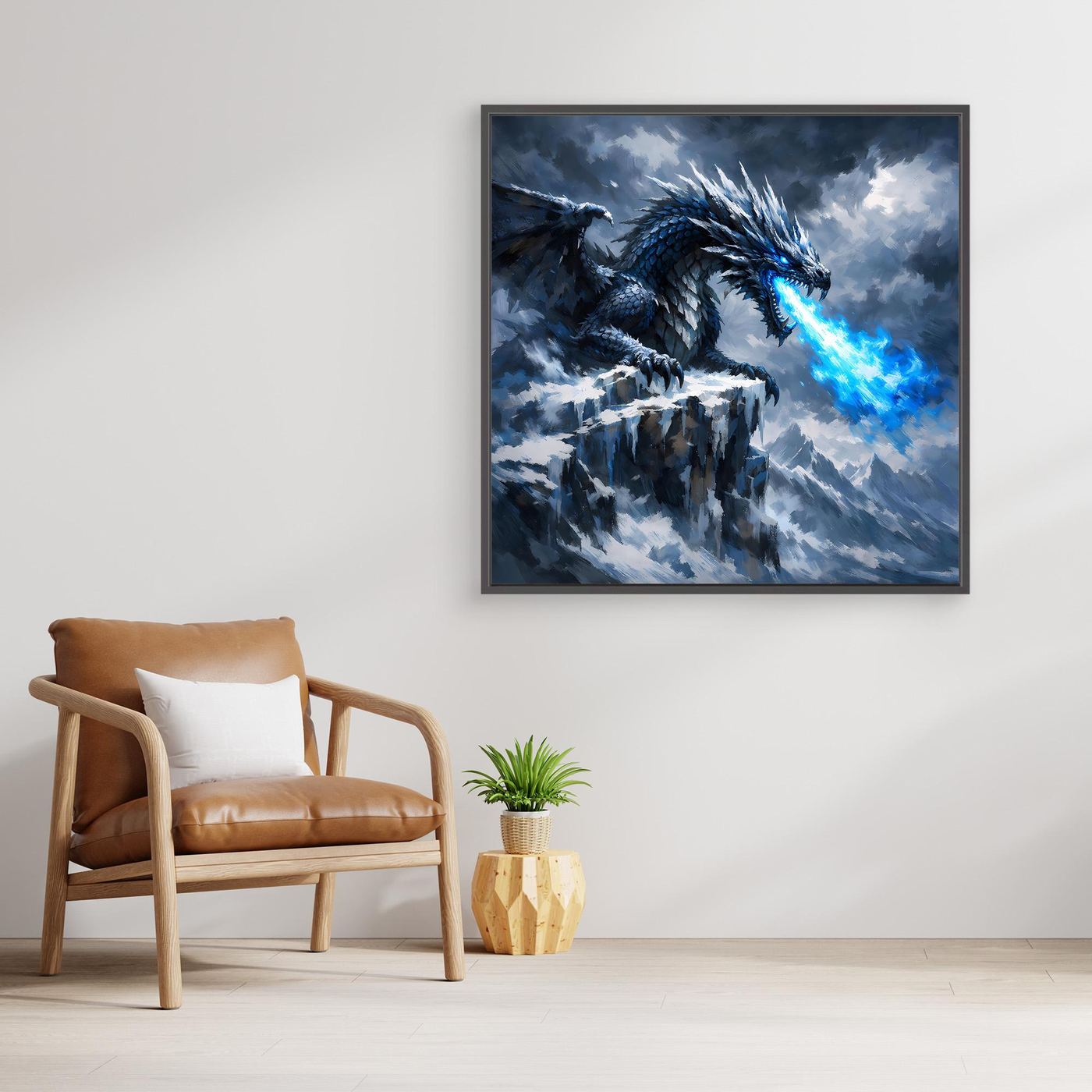 Leinwand Eisdrache auf stürmischem Berggipfel | Episches Fantasy-Wandbild auf echter Leinwand