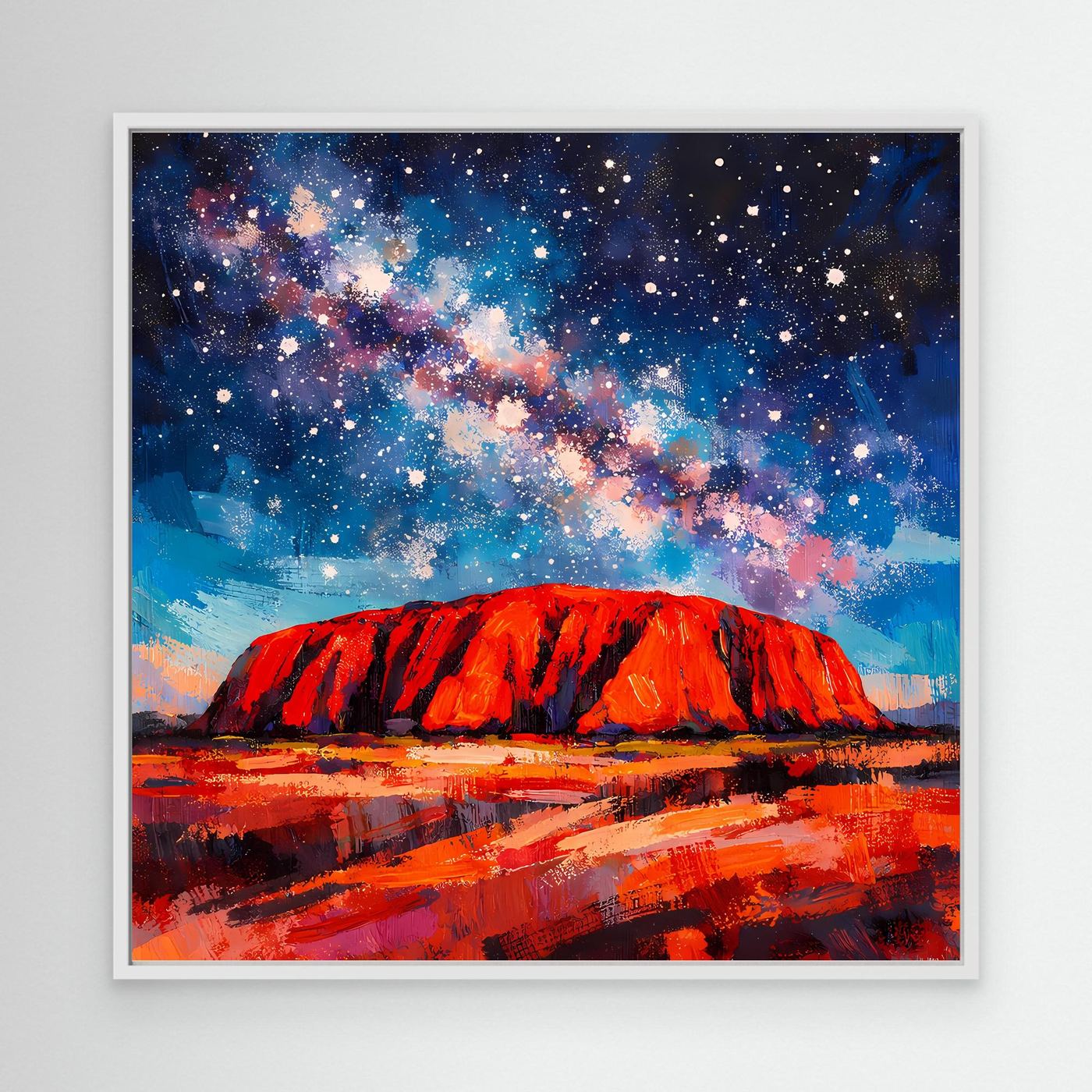 Abstraktes Wandbild auf Leinwand mit weißem Rahmen: roter Felsen unter Sternenhimmel.