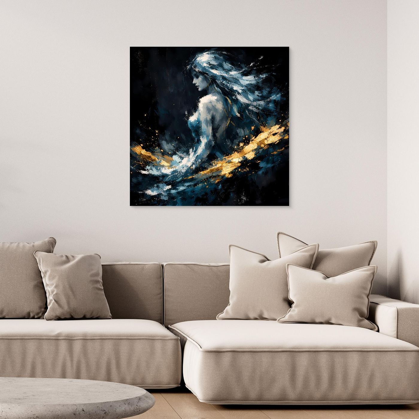 Leinwand Mystische Frauen-Figur in Blau und Gold | Modernes Abstraktes Fantasie Wandbild